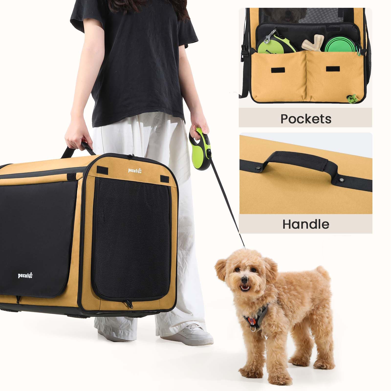 Pecute Transportin Gato Perro Plegable Jaula para Gatos Perros Casa de Gatos Perros con Cerradura y Correa de Seguridad Ajustable, Apto para Coches, Tiendas de Campaña para Mascotas, Caqui