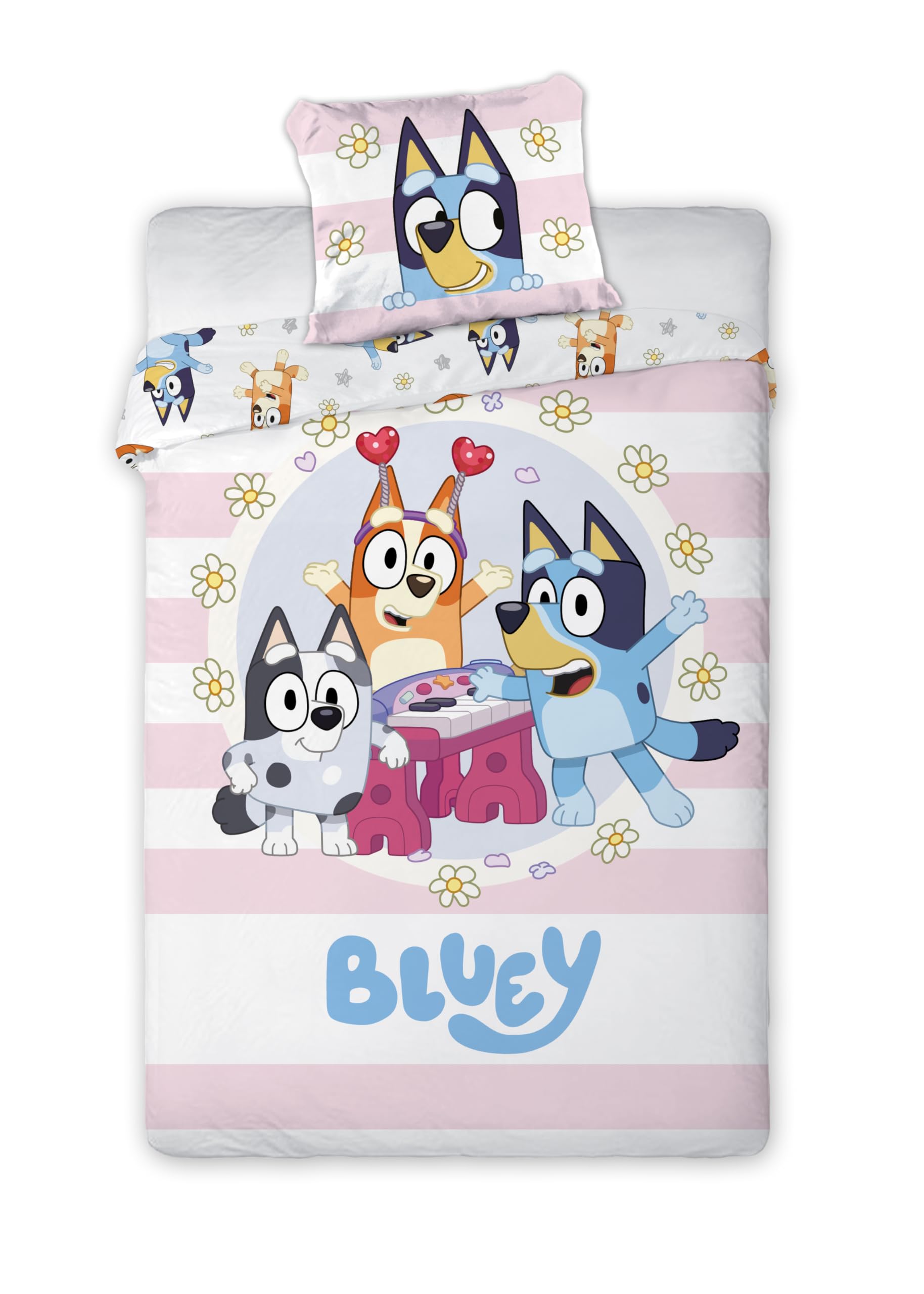 Brandmac Bluey - Pink Bluey & Family Kids Bedlinen Set | Single Size Duvet Cover 140X200 Cm With Pillowcase 50X70 Cm | Official Bluey Bedding Set | Pink Cartoon Design For Children’s Single Beds