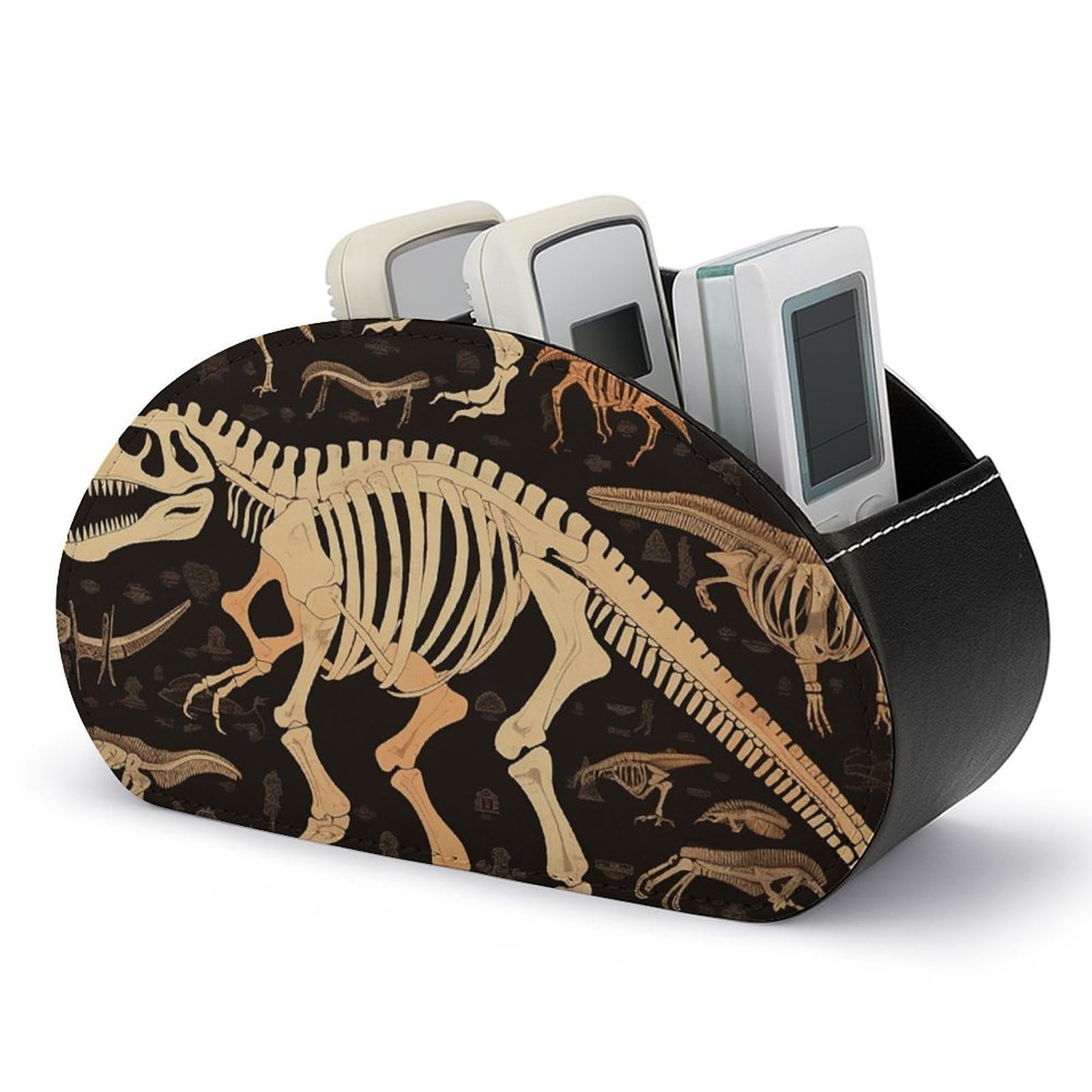 VstaDank Dinosaur Skeleton Print Remote Control Holder with 5 Compartments PU Leather Remote Caddy Desktop Organizer Store TV Remote Control Storage Box for Home Office Desk Nightstand