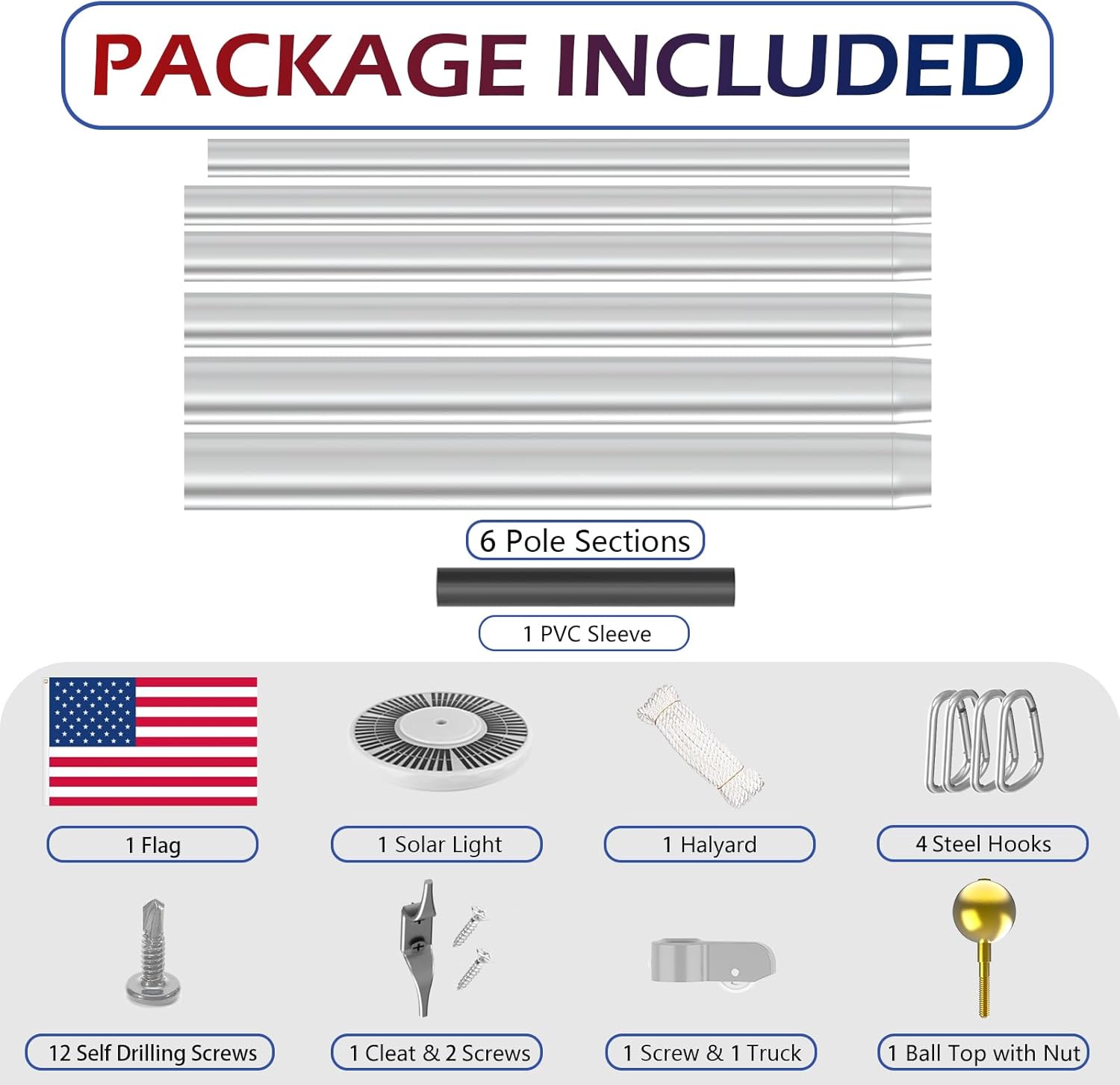 Upgraded 9 Gauge Heavy Duty Flag Pole Kit with 136 LED Ultra Bright Solar Light, 25FT 120 MPH Flagpole for Outside House in Ground, Bottom 3mm Thick & 3in Wide, 300D Thick Flag, Silver