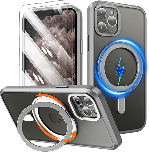 STERKER Funda transparente con anillo giratorio de 360 para iPhone 11 Pro Max 2 protectores de pantalla compatible con Magsafe con soporte, soporte