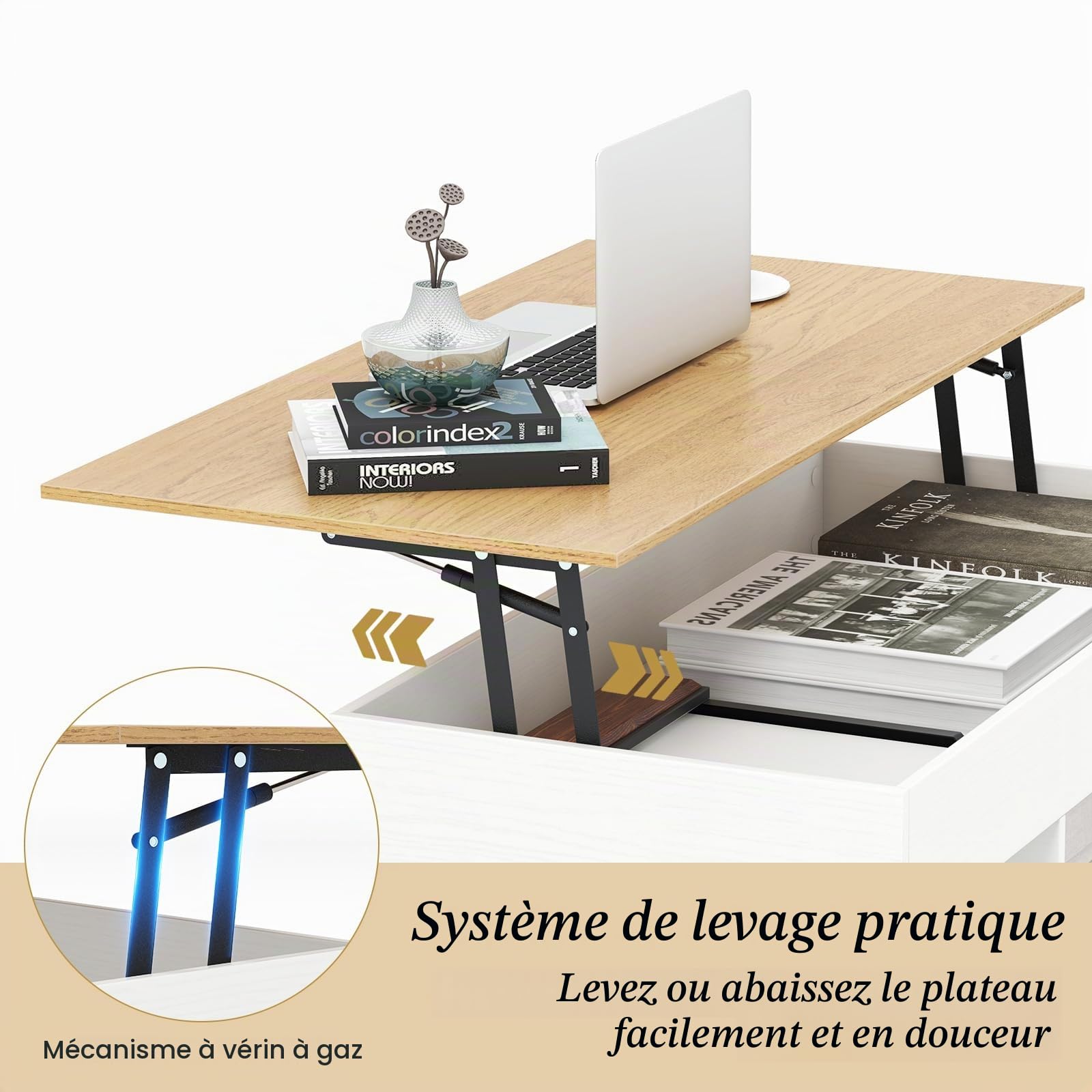 LIFEZEAL Table Basse Relevable avec Rangement Caché (Blanc+Naturel)