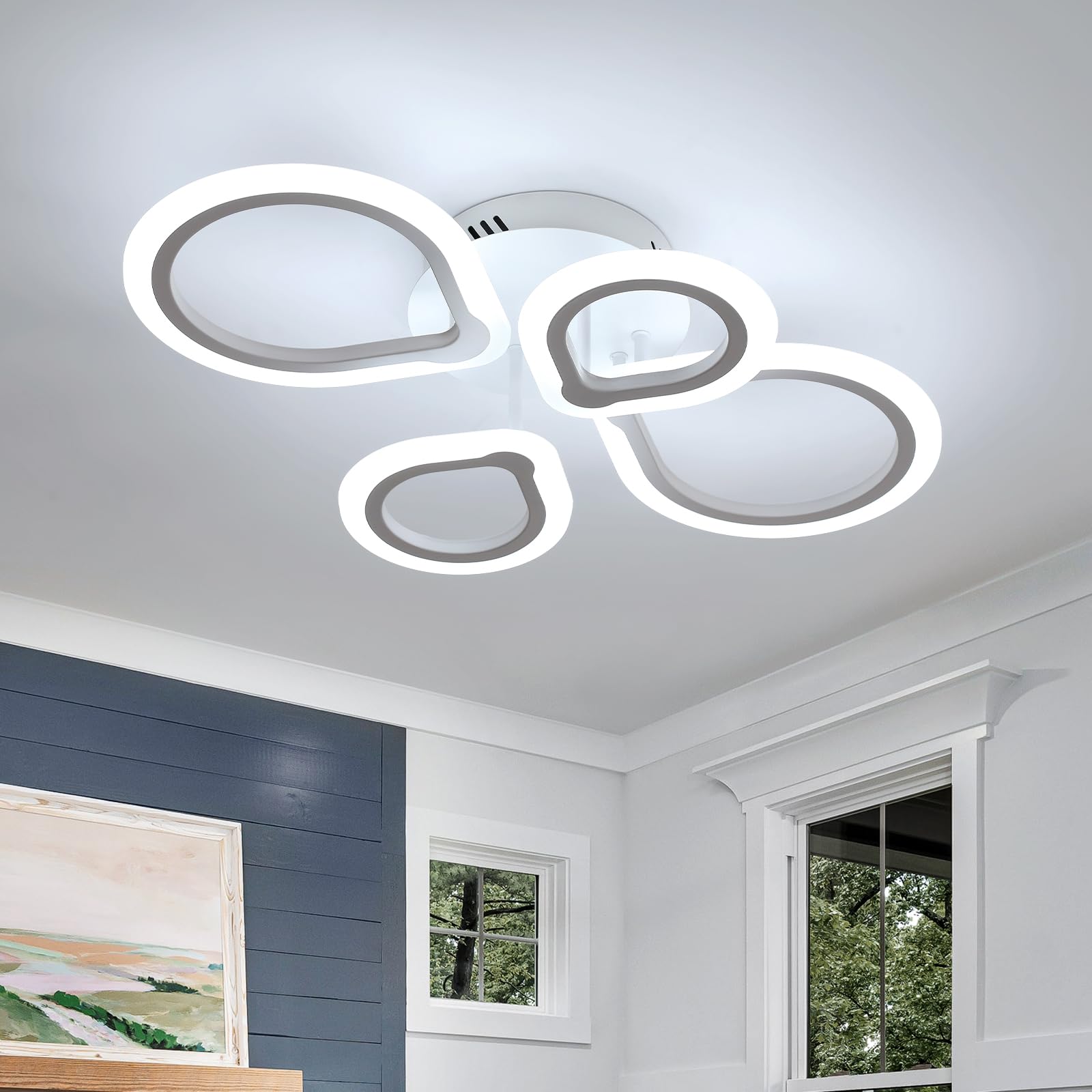 Goeco Modern Ceiling Light, 3 Color Modes 3000K/4500K/6000K LED Flush Mount Ceiling Light, White 4 Rings Acrylic Close to Ceiling Light Fixture for Living Room, Dining Room, Kitchen, Bedroom