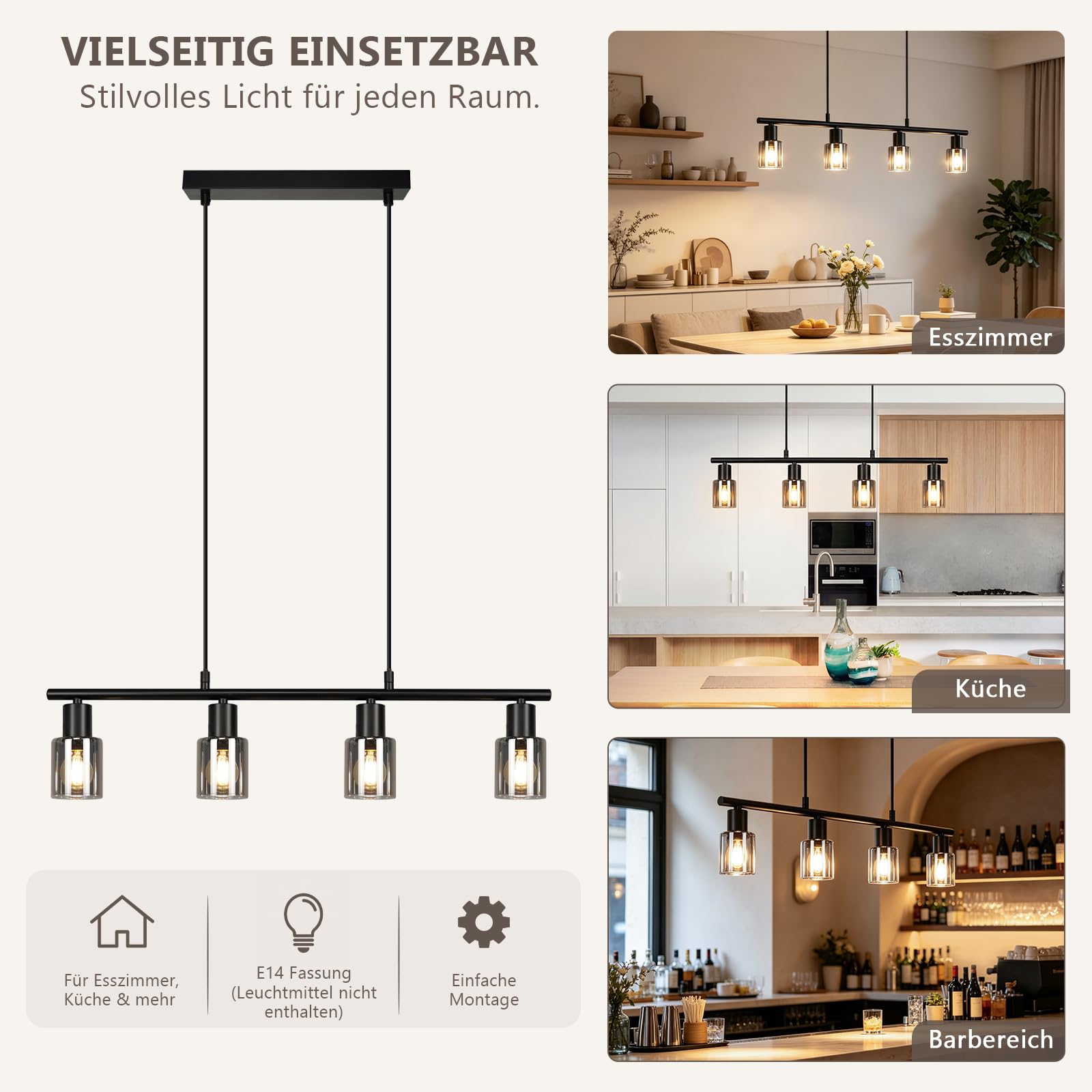 Hängelampe 4 flammig Pendelleuchte esstisch - Vintage Esstischlampe hängend Schwarz industrial Hängeleuchte Glas E14 retro Esszimmerlampe Pendellampe für Esszimmer Küche (Ohne Leuchtmittel)