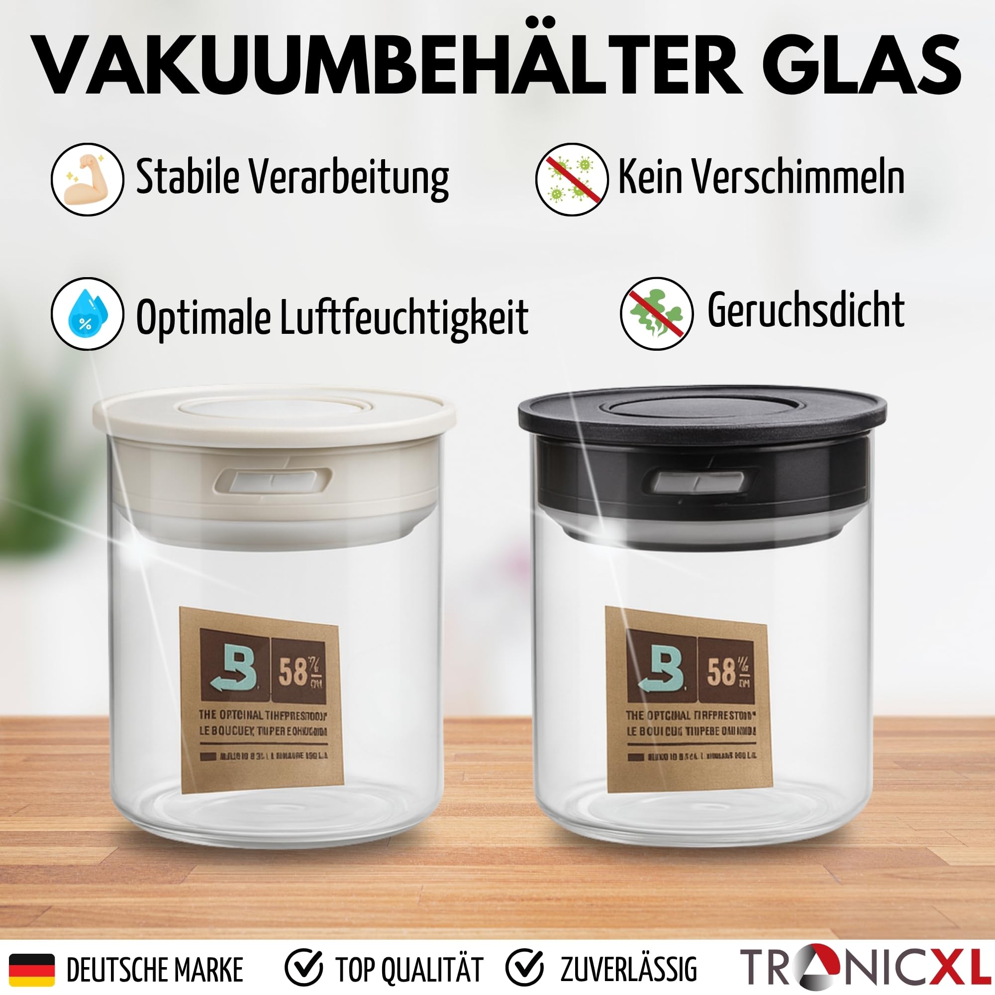 TronicXL 2 x 700 ml próżniowe słoiki do przechowywania ziół, borokrzemu, szczelne, szklane pojemniki z pokrywką, kompatybilne z opakowaniami Boveda, 58% do uprawy roślin