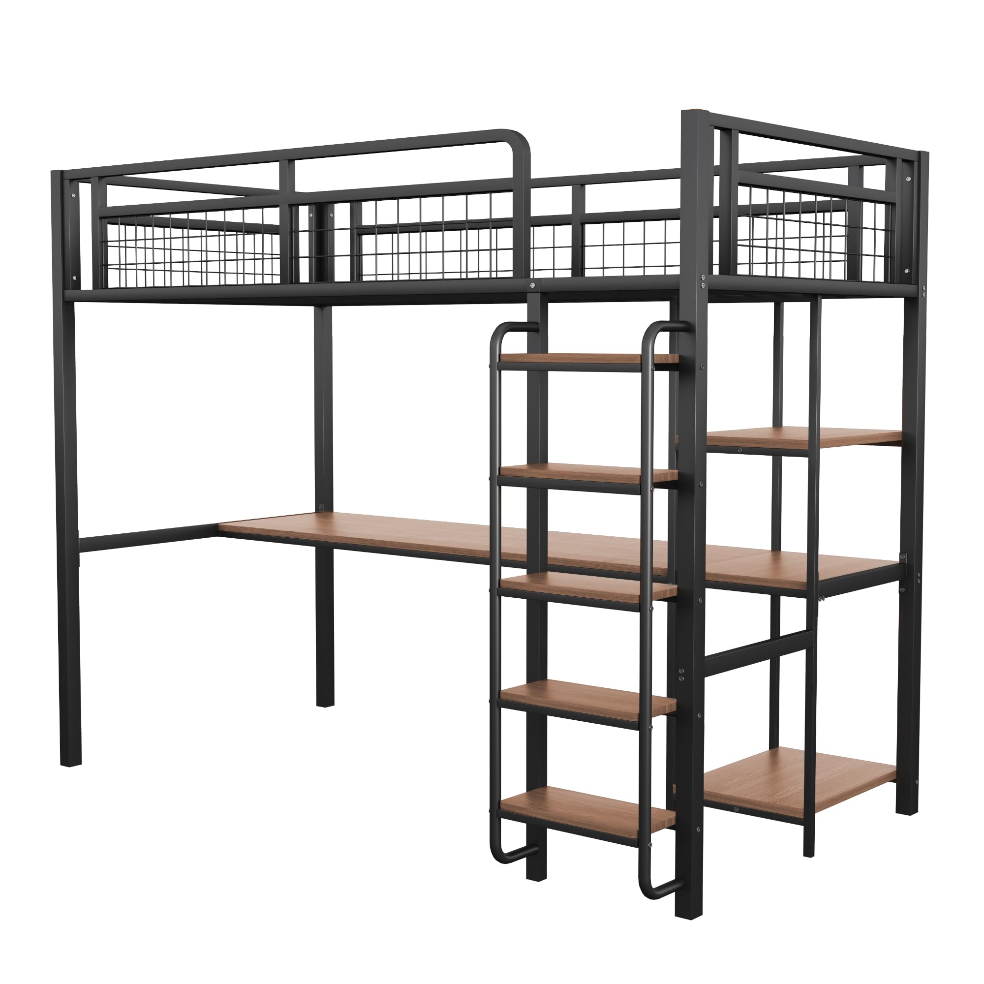 Kebnor Cama alta de metal, escalera de seguridad con peldaños, cama individual, cuna con mesa y estantes, valla de seguridad de malla metálica (sin colchón) (negro, 90 x 200 cm)