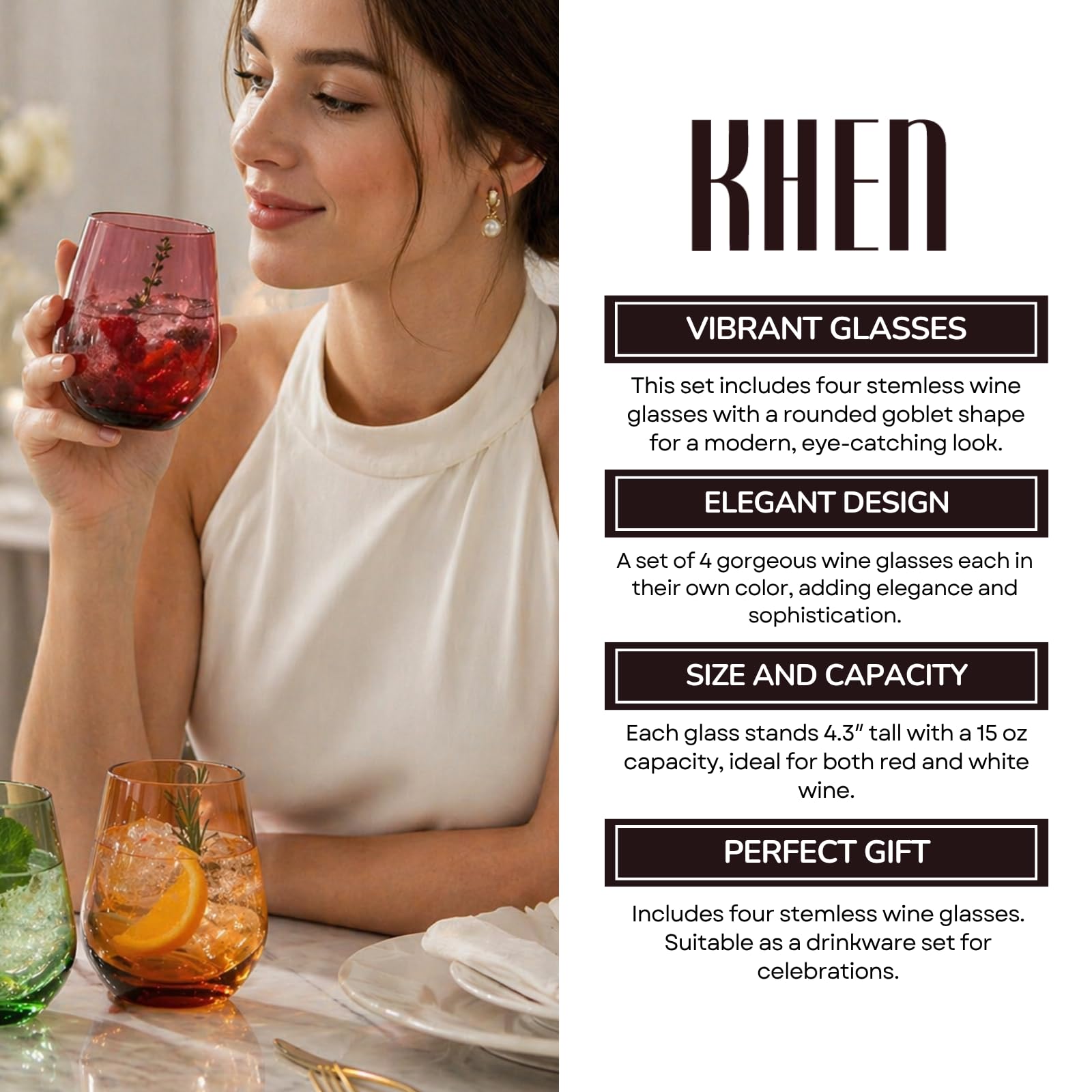 Tritan - Copas de vino de plástico sin BPA, inastillables, sin tallo, juego de 4, vasos de vidrio acrílico, colores irrompibles, reutilizables, aptas para lavavajillas, cristalería multiusos de 15