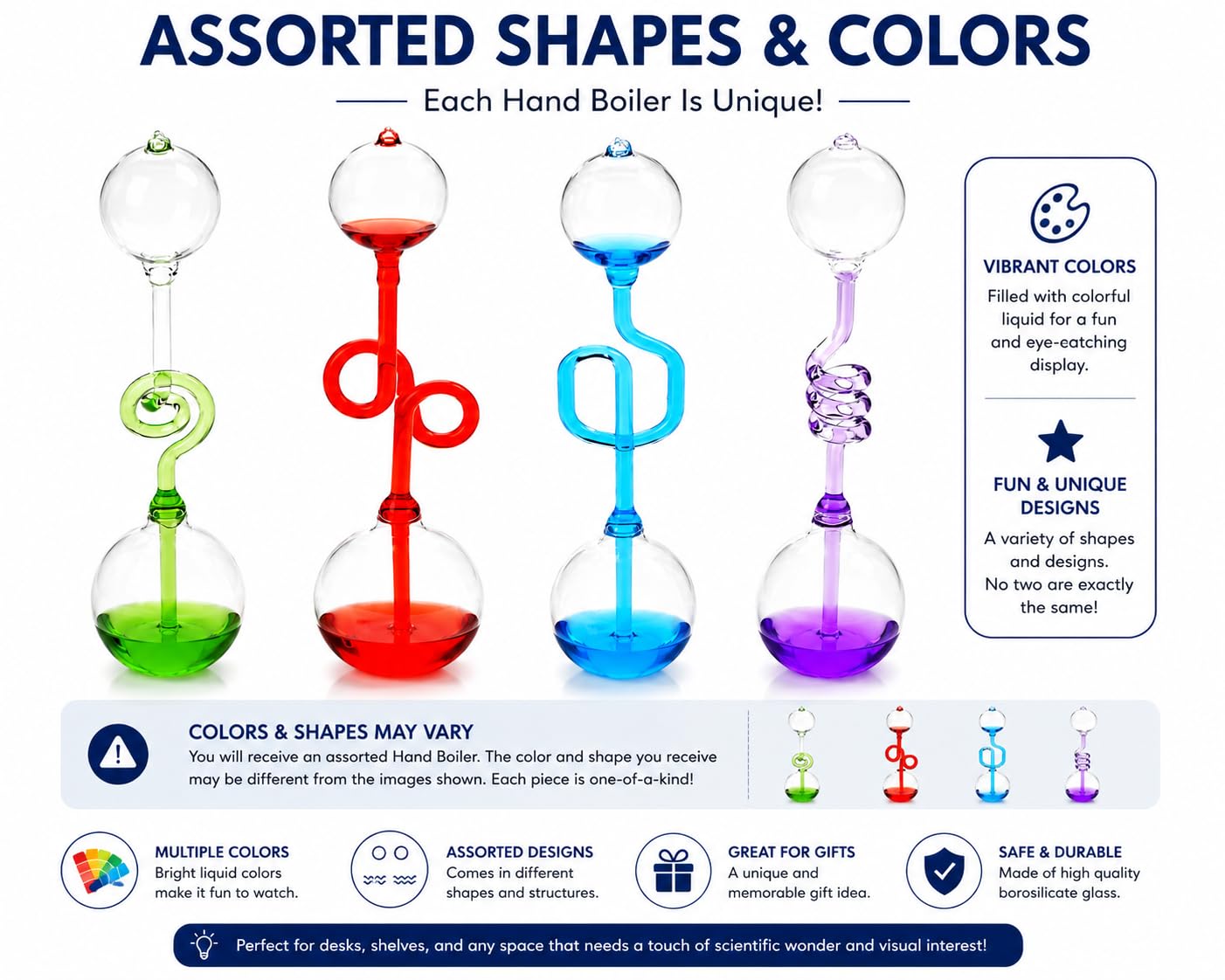 4Pcs Colorful Office Thinking Hand Boiler, Trasferimento di energia in vetro, Esperimento scientifico per bambini, Love Birds Color Meter Caldaia, Termometro a spirale in vetro Museo Giocattoli Regali