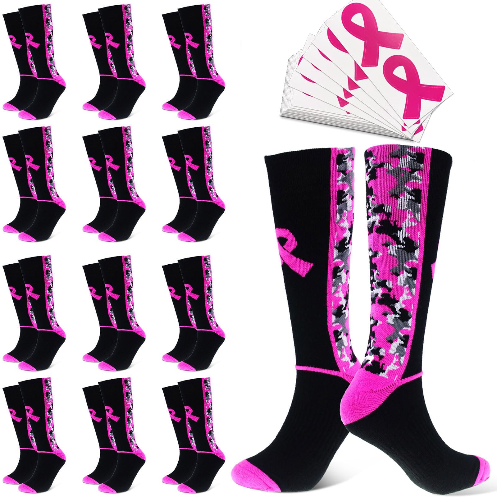 1 or 12 Pairs Breast Cancer Awareness Socks Bulk Set，Thick Camouflage Pink Ribbon Football Socks for Events