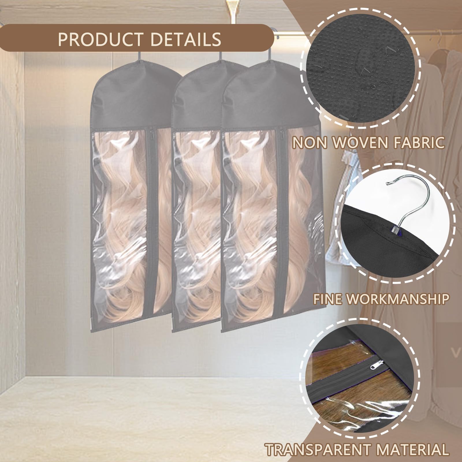 6PCS Wig Storage Set 60 * 29cm,Keep Hair Clean and Organized,Wig Hanger Holds Multiple Wigs of Various Styles and Lengths Let Short Long Straight Wavy Curly Hair Prevent Dirt and Moisture - Image 3