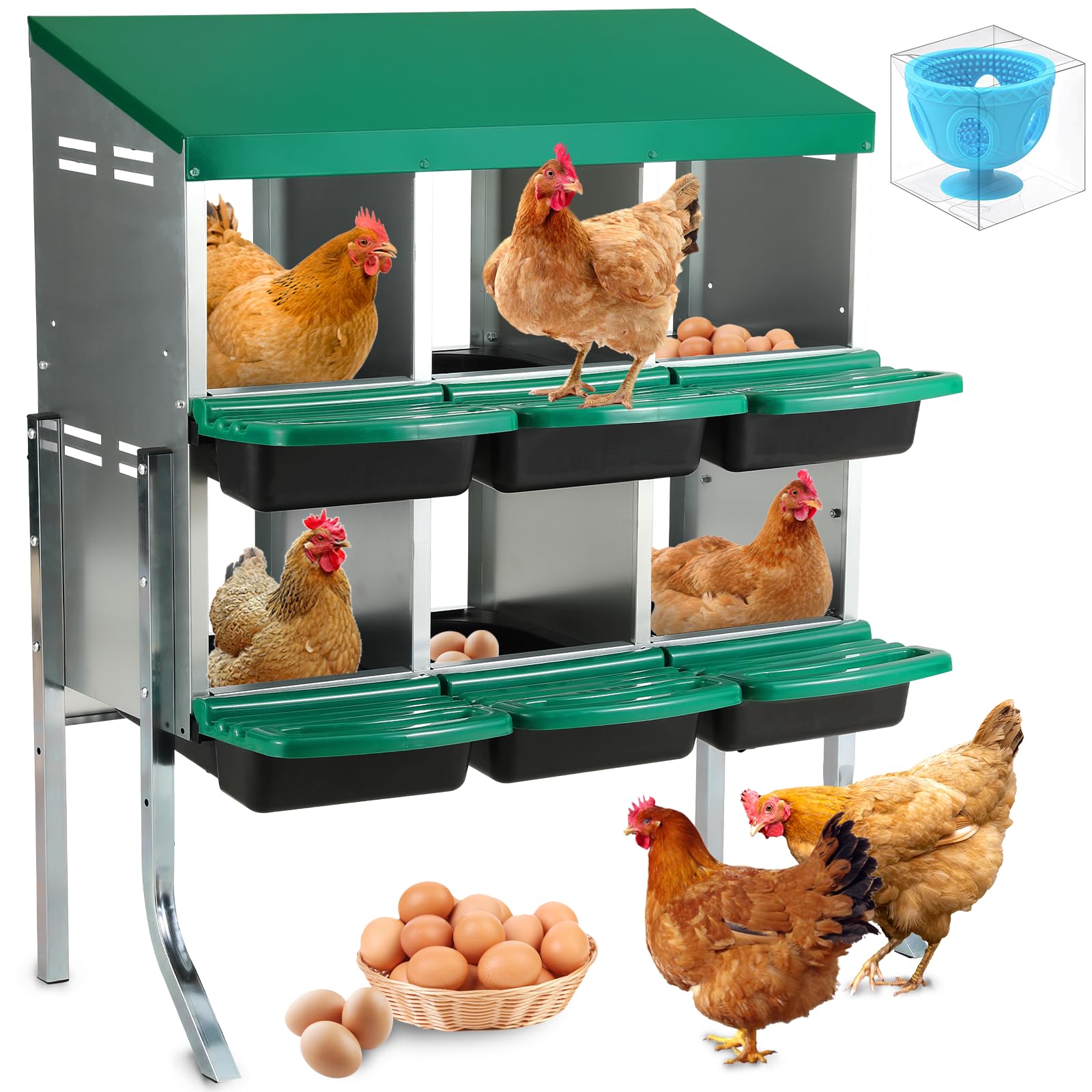 YeeJinHong Two-Tier Chicken Nesting Box,6 Hole Metal Chicken Egg Laying Box with Swing Perch and Rollout Egg Collection Protect Eggs