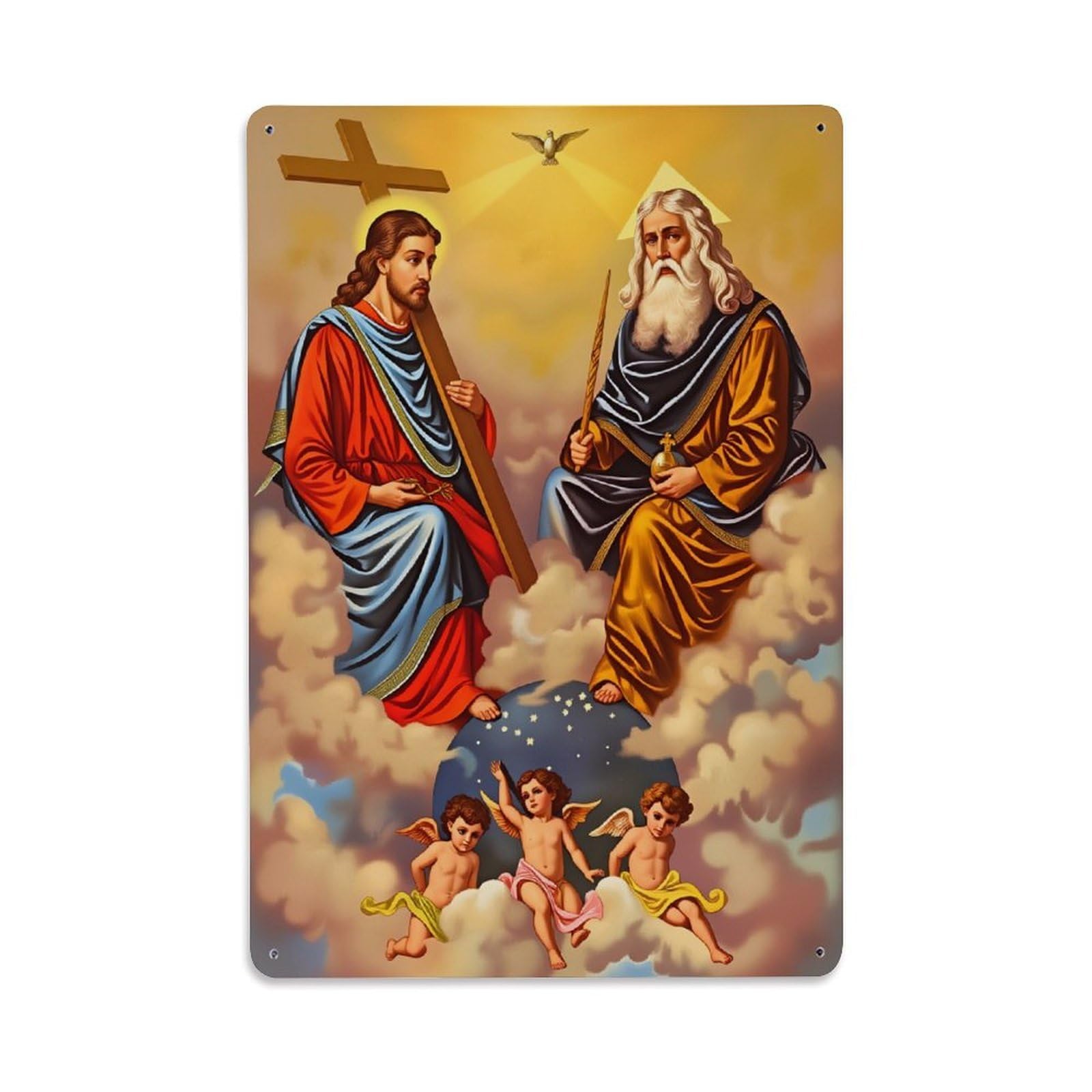 Holy Trinity Divine Figures Clouds Angels Cross Vintage Tin Sign Retro Metal Wall Decor Metal Poster, Home Bar Garage Farmhouse Cafe Wall Art Decoration 8x12Inches