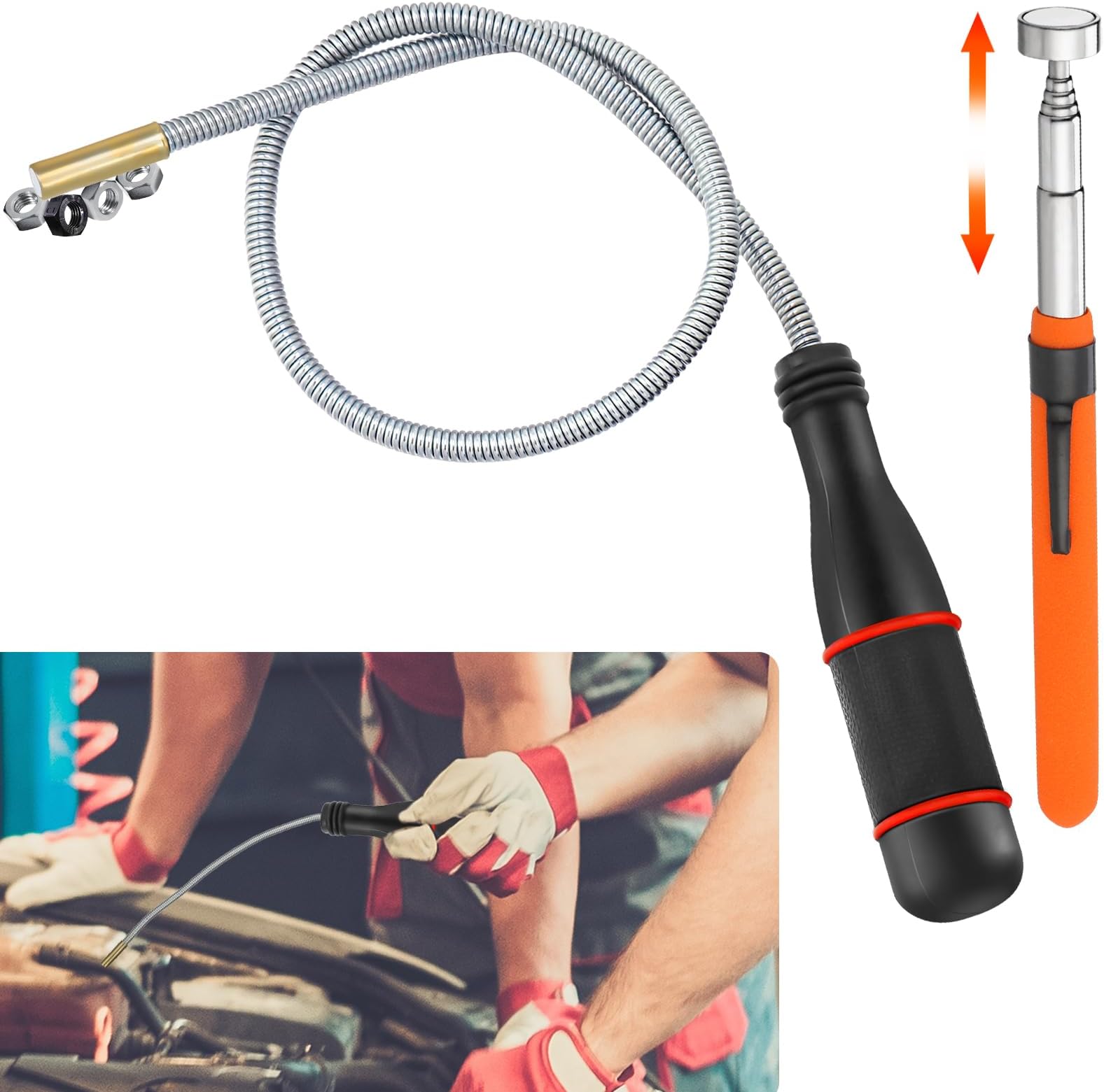 2 PCS Magnetic Pickup Kit - Includes 1 Black Magnetic Pick Up Tools 55cm with Non-Slip Handle and 1 Telescopic Magnetic Pickup Tool 73cm,Portable Magnetic Cleaner Recycling Tool