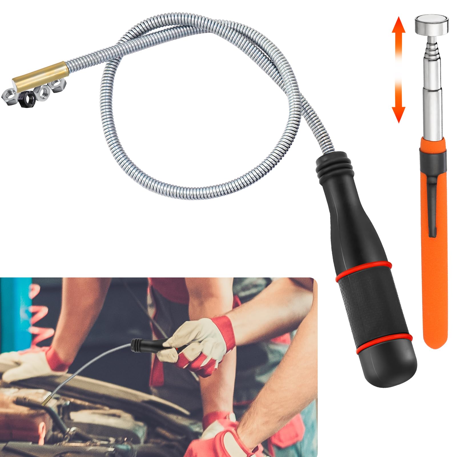 2 PCS Magnetic Pickup Kit - Includes 1 Black Magnetic Pick Up Tools 55cm with Non-Slip Handle and 1 Telescopic Magnetic Pickup Tool 73cm,Portable Magnetic Cleaner Recycling Tool