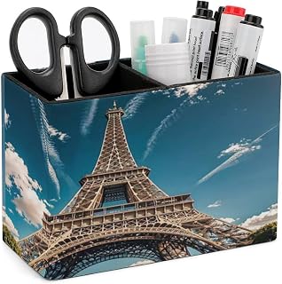 Rectangle Pen Holder Iron Tower Desk Organizer Pencil Cup | PU Leather Desktop Caddy Container Case with 2 Slots, Stationery Pens Remotes Makeup Brushes Essentials Home Office Supply