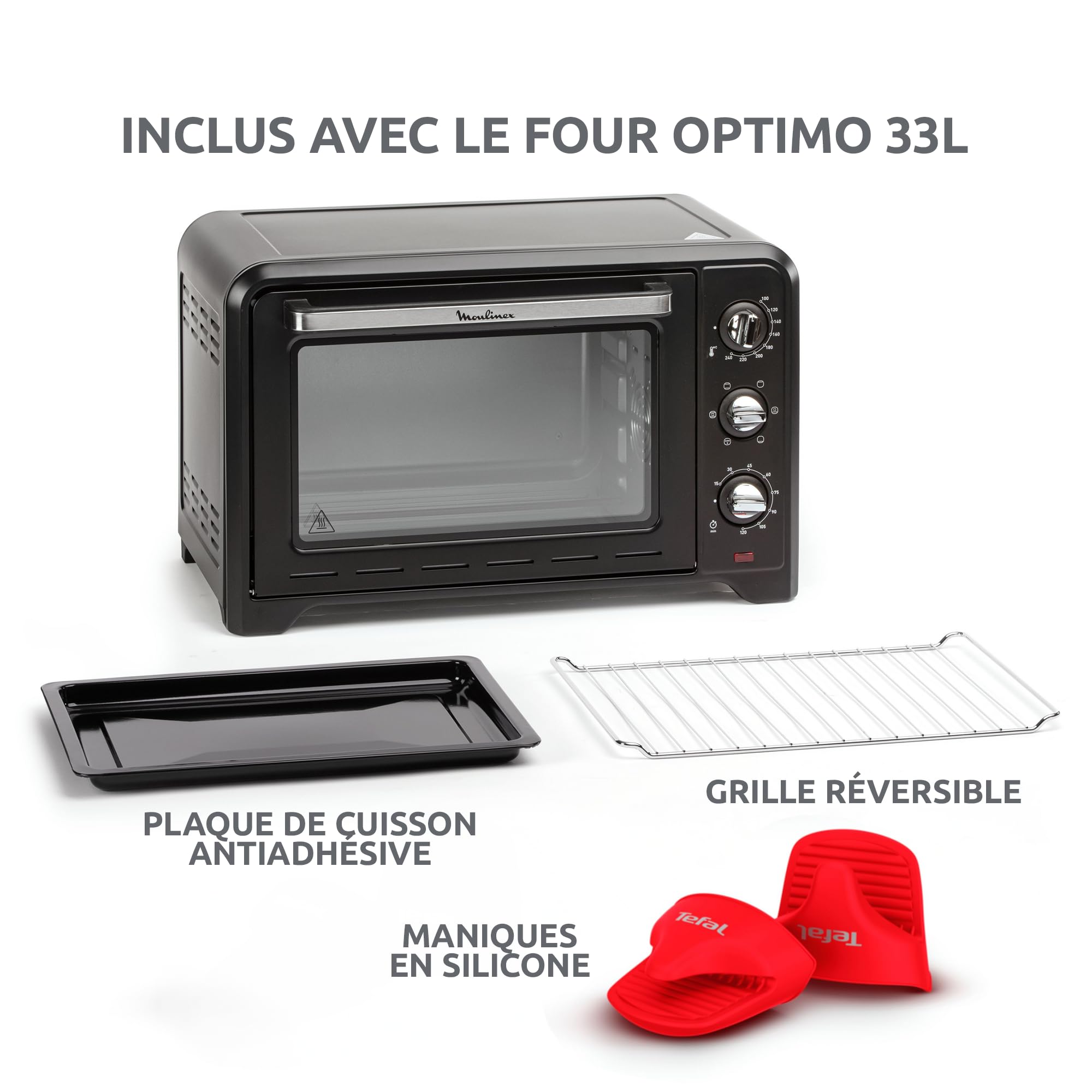 Moulinex Four posable 33 L, Chaleur tournante, Convection de pointe, 6 modes de cuisson, Thermostat réglable jusqu’à 240 °C, Timer 120 min, Grille réversible, Maniques silicone, Optimo Noir OX464811