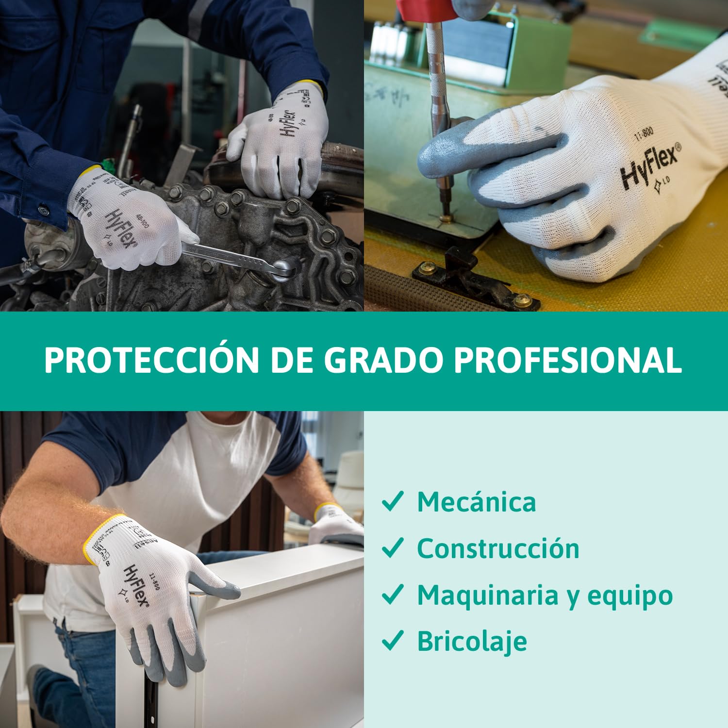 Ansell HyFlex 11-800 Guantes de Trabajo Profesionales, Revestimiento de Nitrilo Antideslizante y Transpirable, Protección Mecánica Multiusos, Seguridad Industrial, Blanco, Talla XL (12 Pares)