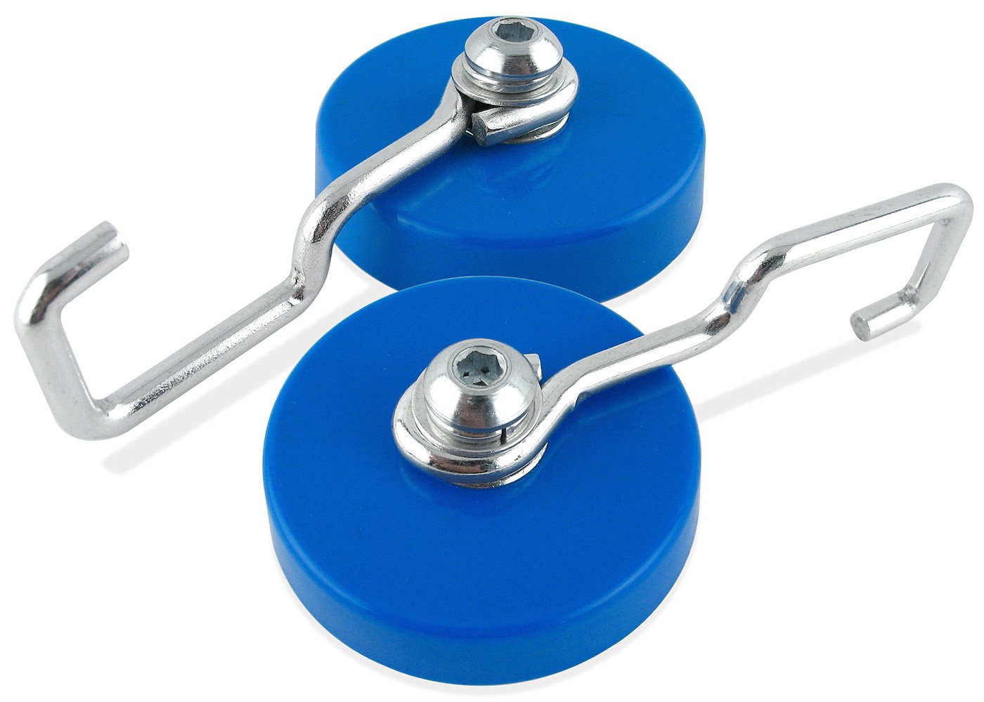 Master MagneticsCeramic Reversible Magnetic Hooks - Strong Magnets for Hanging Lights, Garage Tools, Signs, and More - 25 lb Pull Each - 2.25" D - 1" H - Blue and Silver - 2-Pack