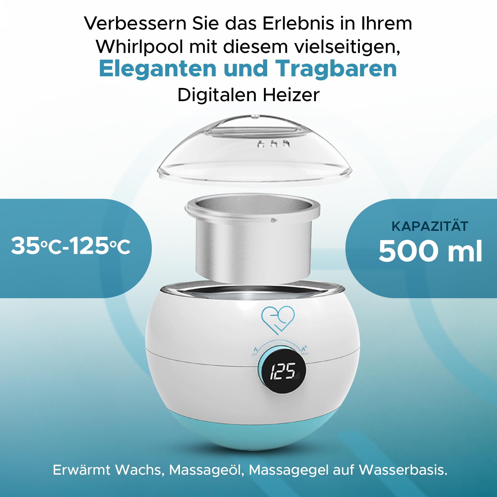 Elektrischer Mehrzweck-Massagegel- und Ölwärmer, Wachsschmelzer, mit Aluminium-Wärmetopf 500 ml, Temperaturregelung von 35 °C bis 125 °C, mit LCD-Anzeige