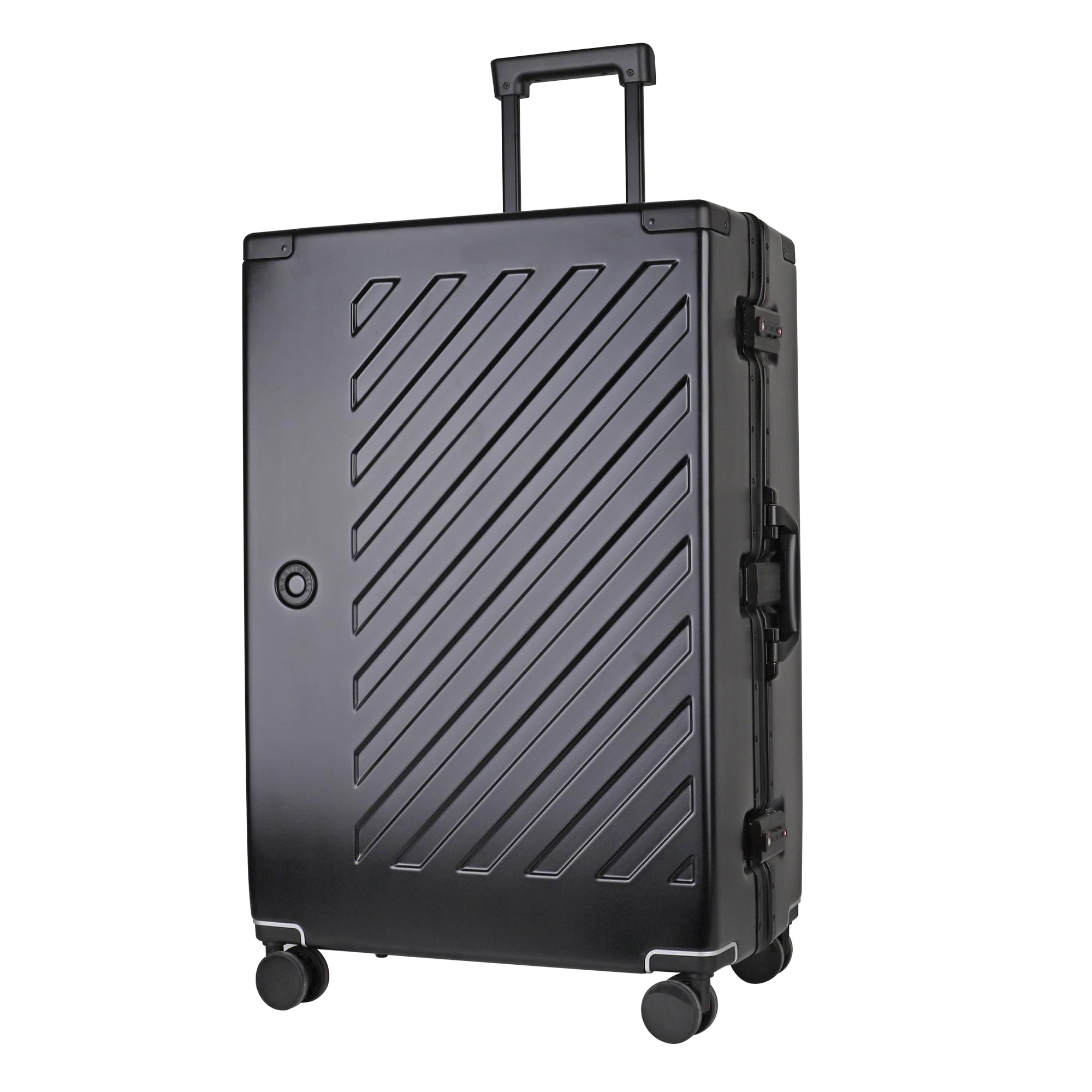 JLY Valigia Rigida 100% Policarbonato Senza Cerniera, Trolley da Viaggio con Doppio Lucchetto TSA, 4 Ruote Girevoli e Manico in Lega di Alluminio, Bagaglio da Stiva (Nero Acciaio, L (77cm 97L))