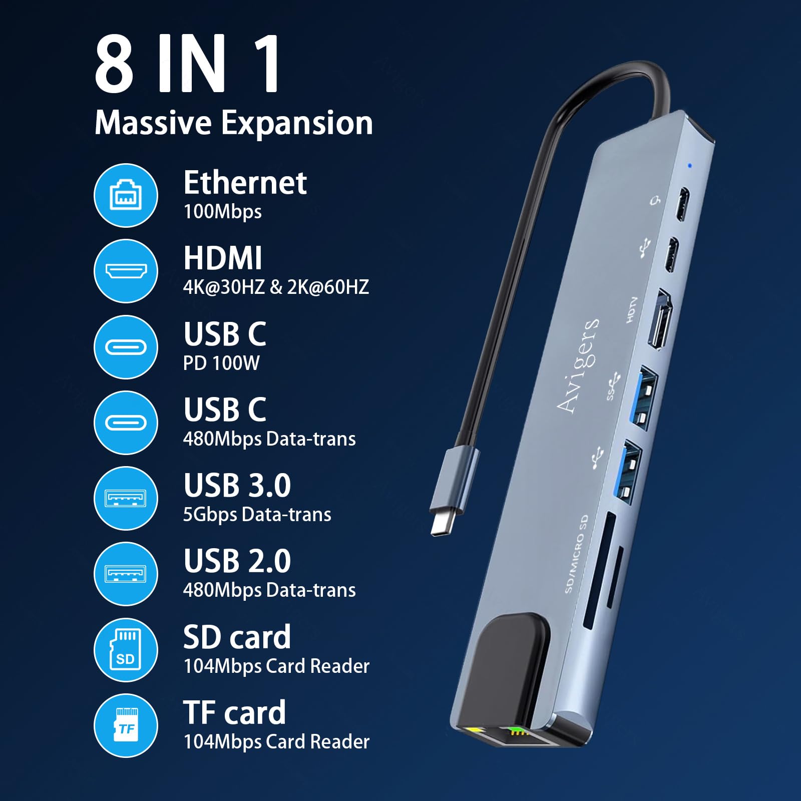 Hub USB C, Adattatore Usb C 8 in 1 con HDMI 4K, Ethernet RJ45, Lettore Schede SD/TF, PD 100W, USB 3.0, Usb 2.0, Compatibile per Computer/MacBook Pro Air/iPad/Surface/Samsung/Steam Deck