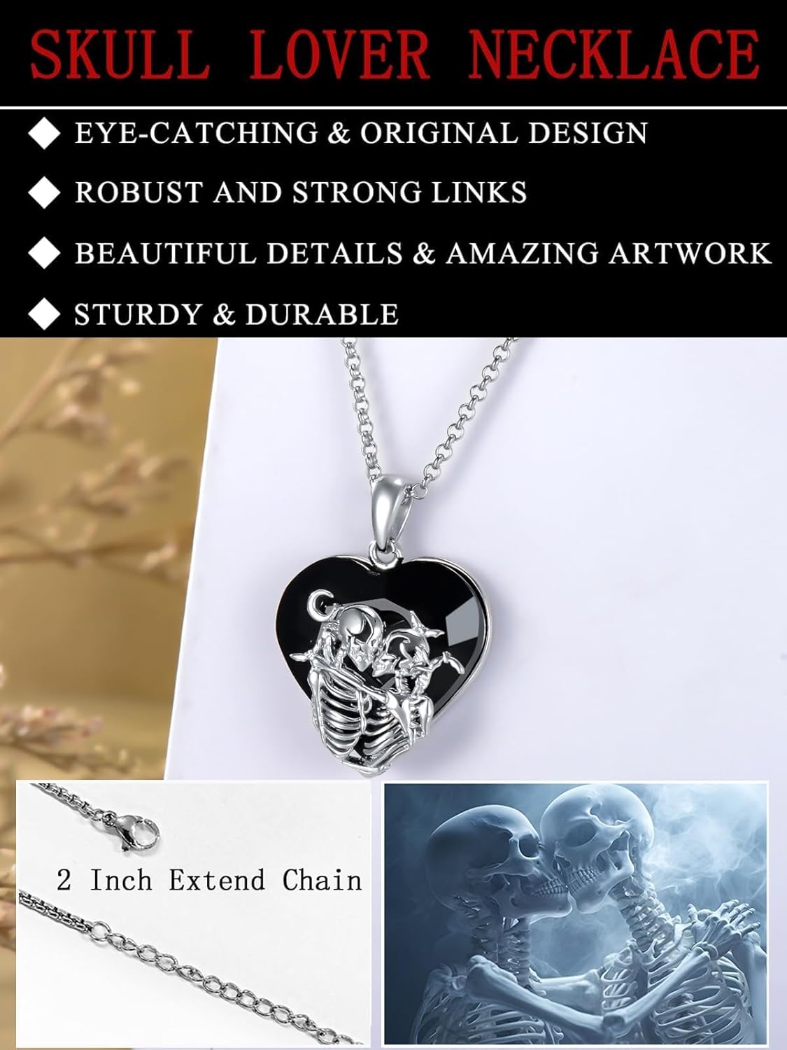 Seiyang Skull Necklace 925 Sterling Silver Skeleton Heart Crystal Pendant Jewelry Goth Gothic Gift for Women (with Gift Box) - Image 3