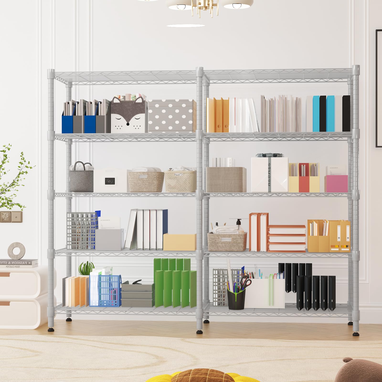 Himimi 5-stöckiges Metallregal zur Aufbewahrung, verstellbares Drahtregal, Schwerlastregal mit Nivellierfüßen, Lagerregal für Schlafzimmer, Wohnzimmer, Küche, Garage, 180 x 45 x 183 cm, Silber