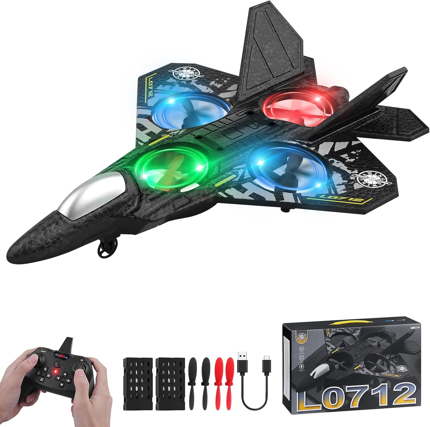 RC Plane 2.4GHz Remote Control Plane L0712 Quadcopter Hovering with Auto Hovering Fighter Aircraft RC Airplane RTF for Beginner, Kids and Adults,3D Flip Airplane Toy with Colored Lights USB Charging