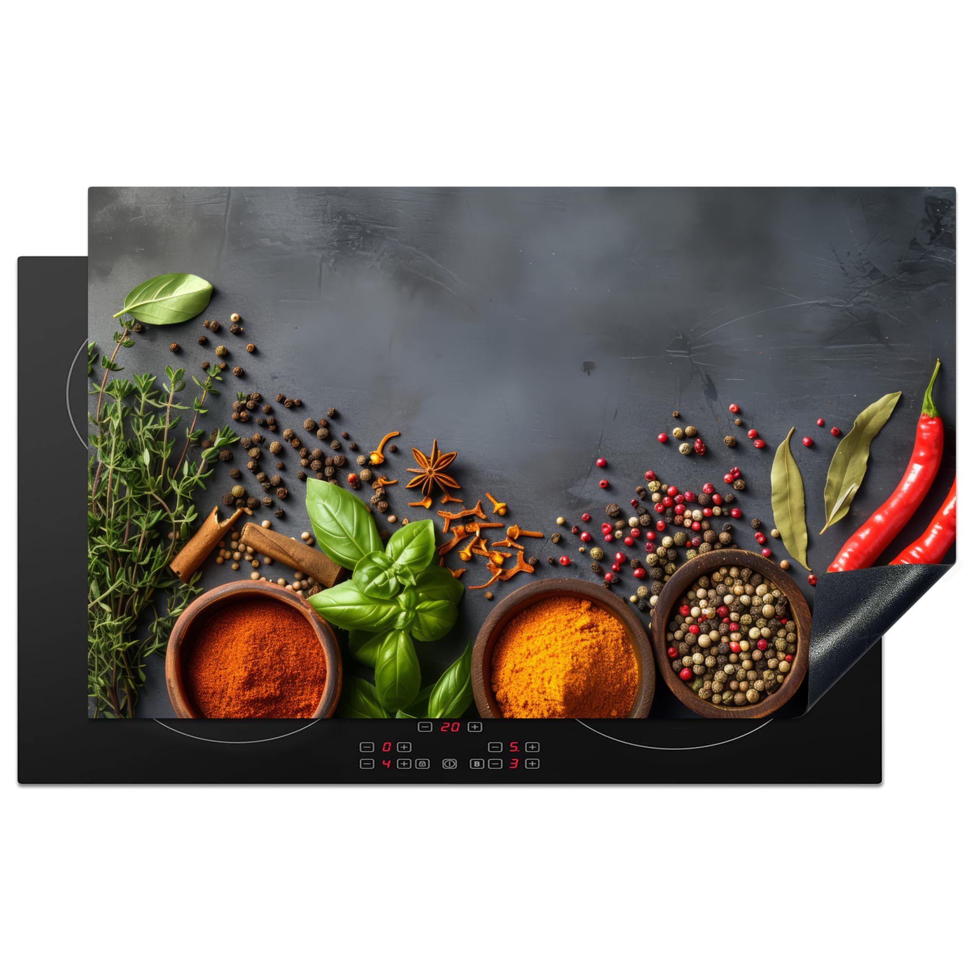 KitchenYeah© Induction Hob Protector Mat 20.3"x32.7" / 83x51.5 cm Stove Cap Top Cover Kitchen Cooker Covers for Electric Hobs Vinyl Herbs - Concrete - Spices - Pepper