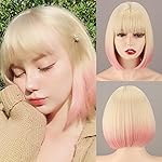 WERD Short Blonde Pink Bob Wig for Women Ombre Wig With Bangs Synthetic Straight Blonde mixed Pink Bob Hair for Daily Party Cosplay