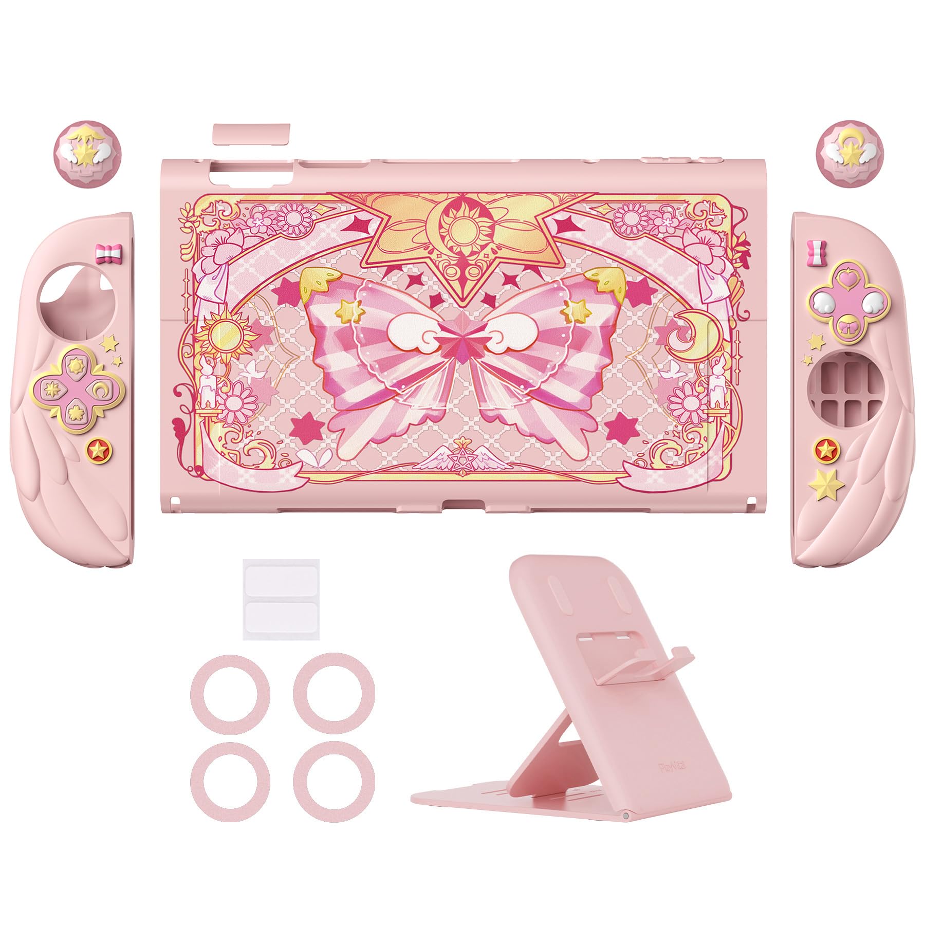 playvital Funda Protectora para Nintendo Switch 2 (2025) - Agarre de Silicona con Carcasa Trasera de PC, Protector con Soporte Plegable y Tapas para Joysticks, Diseño Alas Mágicas (Rosa)