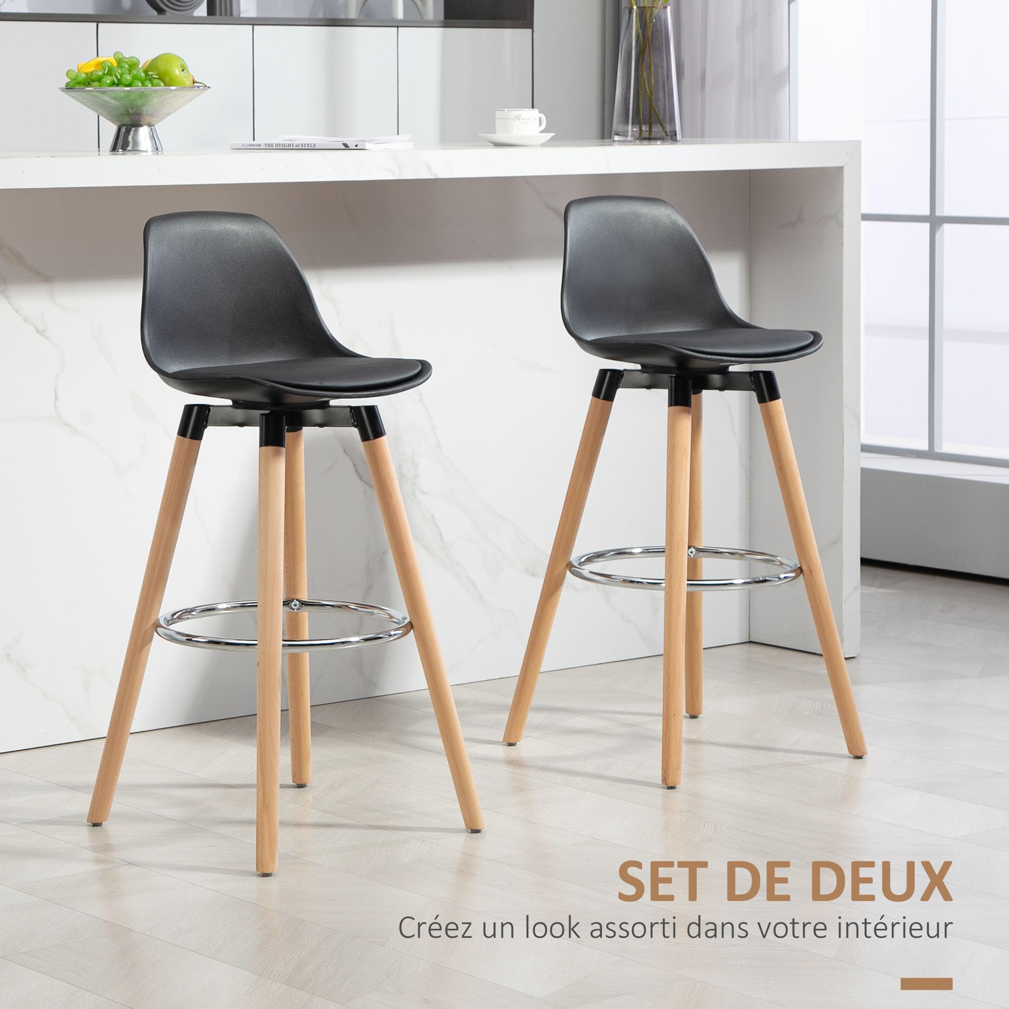 HOMCOM Lot de 2 Tabourets de Bar, Pieds en Bois, Style Moderne, Noir
