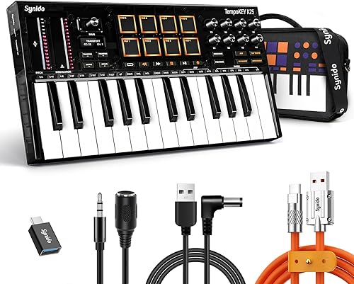 Synido 25 Key USB MIDI Keyboard Controller with 8 Drum Pads, Professional Mini Midi Keyboard with OLED Screen, Beat Maker Machine for Music Production, Black, TempoKey K25