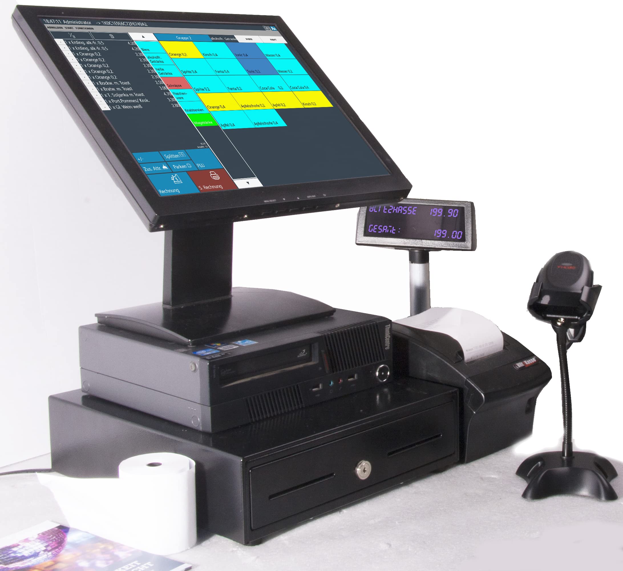 15" Einzelhandel Kassensystem - Touchscreen, Scanner, Bondrucker & Kundendisplay – Kasse für Kiosk, Lebensmittel-Laden, Lotto-Totto, Späti – ohne ABO – TSE-konform