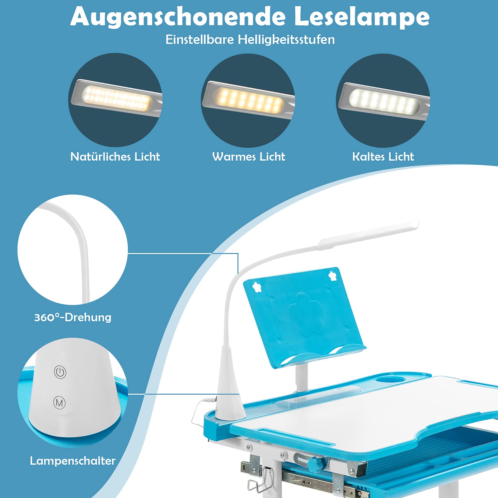 GOPLUS Kinderschreibtisch höhenverstellbar, Kindertisch und Stuhl mit Bücherständer & LED-Licht, Scülerschreibtisch mit neigbarer Tischplatte & Schublade, Jugendschreibtisch mit Stuhl (Blau)