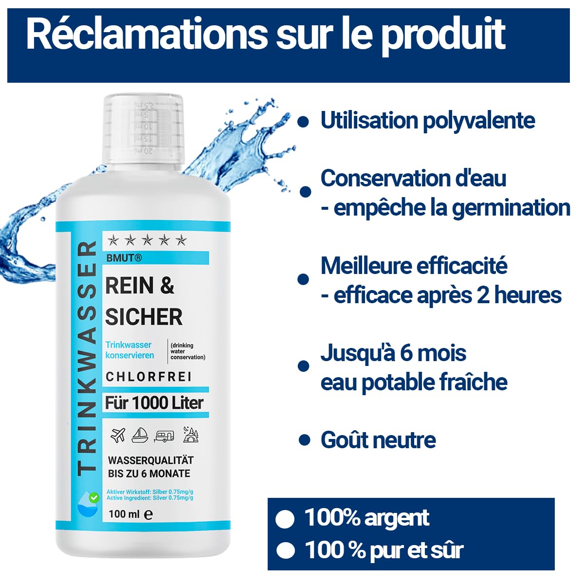 1x 100ml Traitement de l'eau potable Conservation pour 1000 litres empêche les germes – Pur & Sûr – Caravane, Camping, Réservoir, Extérieur, Urgence