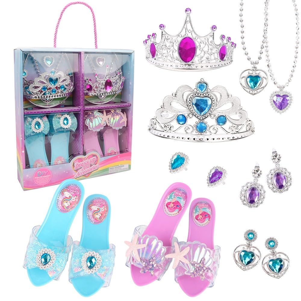 Princess Dress Up Toys & Jewelry Boutique Set incl ( 2 Crowns | 2 shoes Pairs | 2 Necklace | 2 Ears Pairs | 2 Rings ) , Kids Girls Toddler Party Beauty Gift Toys for Age 3 – 9 Year old - 14 Items
