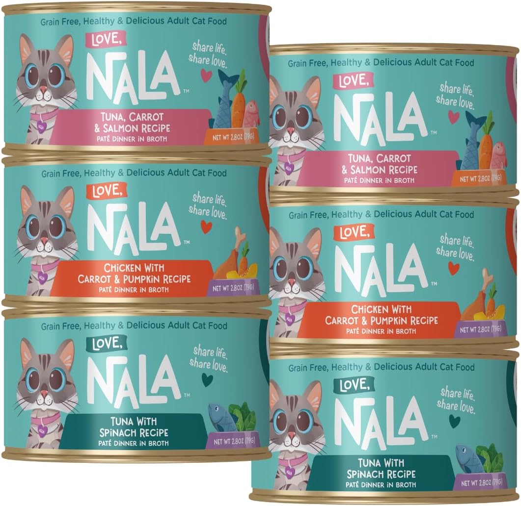 LOVE, NALA – Natural Adult Cat Wet Food – Pate Variety Pack – Tuna, Chicken, Tuna and Salmon – Grain Free, Non-GMO, Fiber Blend, Minerals, Vitamins – 12 Pack 2.1 lbs.