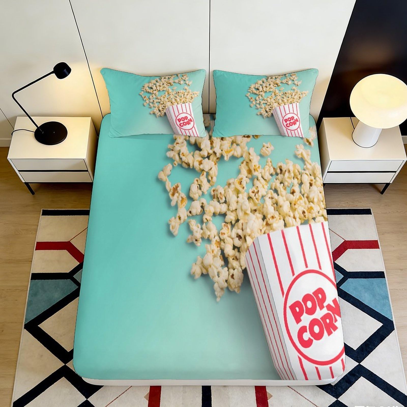 3D Printed Popcorn Cinema Night Fitted Sheet Microfiber Soft Anti-Slip Bed Cover for Bedroom Dorm Mattress Decor 90x200x25cm