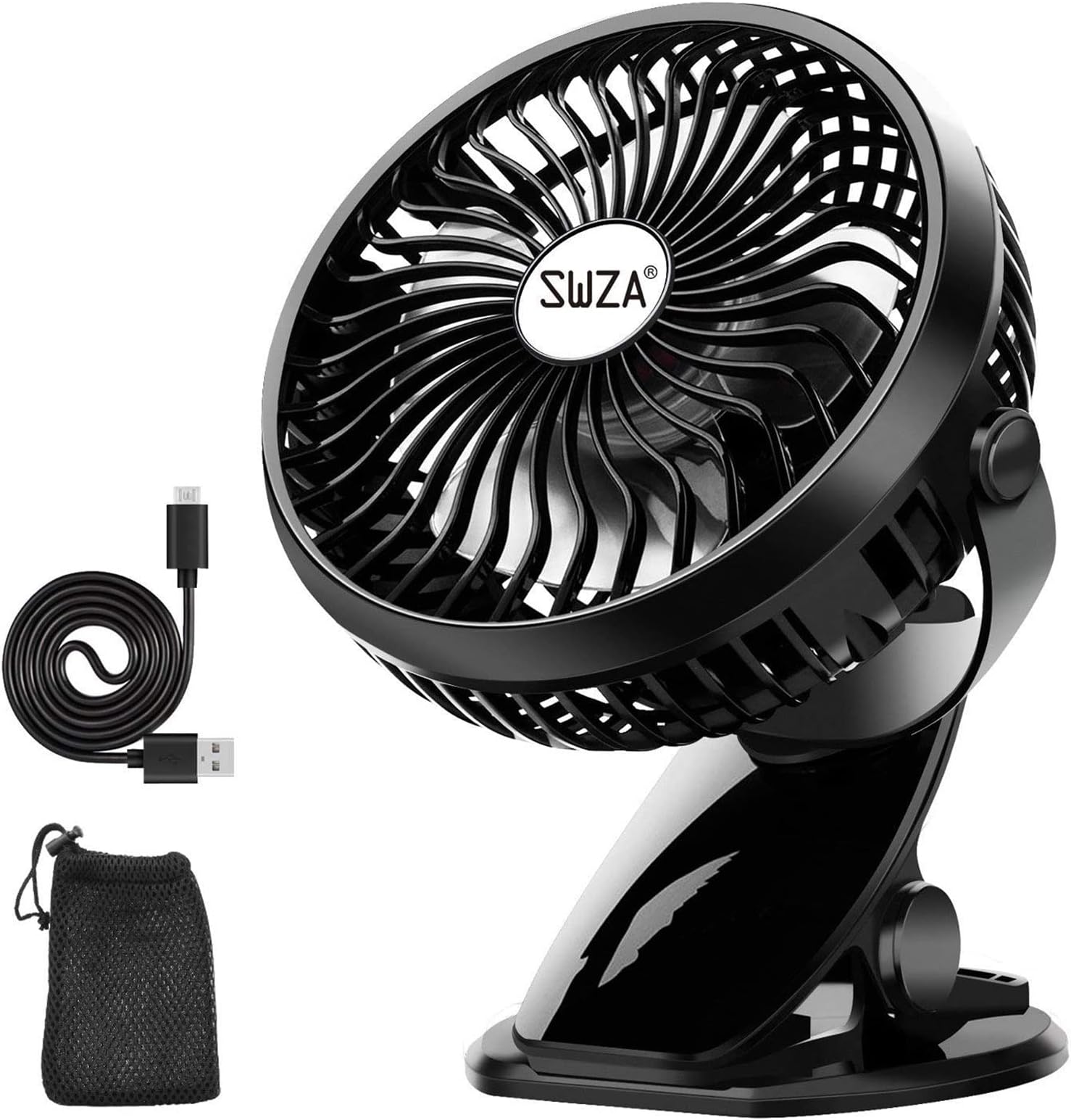 Stroller Fan Clip on Fan Rechargeable Battery Operated Fan - Powerful Airflow Low Noise - SWZA Portable Clip Fan for Baby Stroller Travel Hiking Camping
