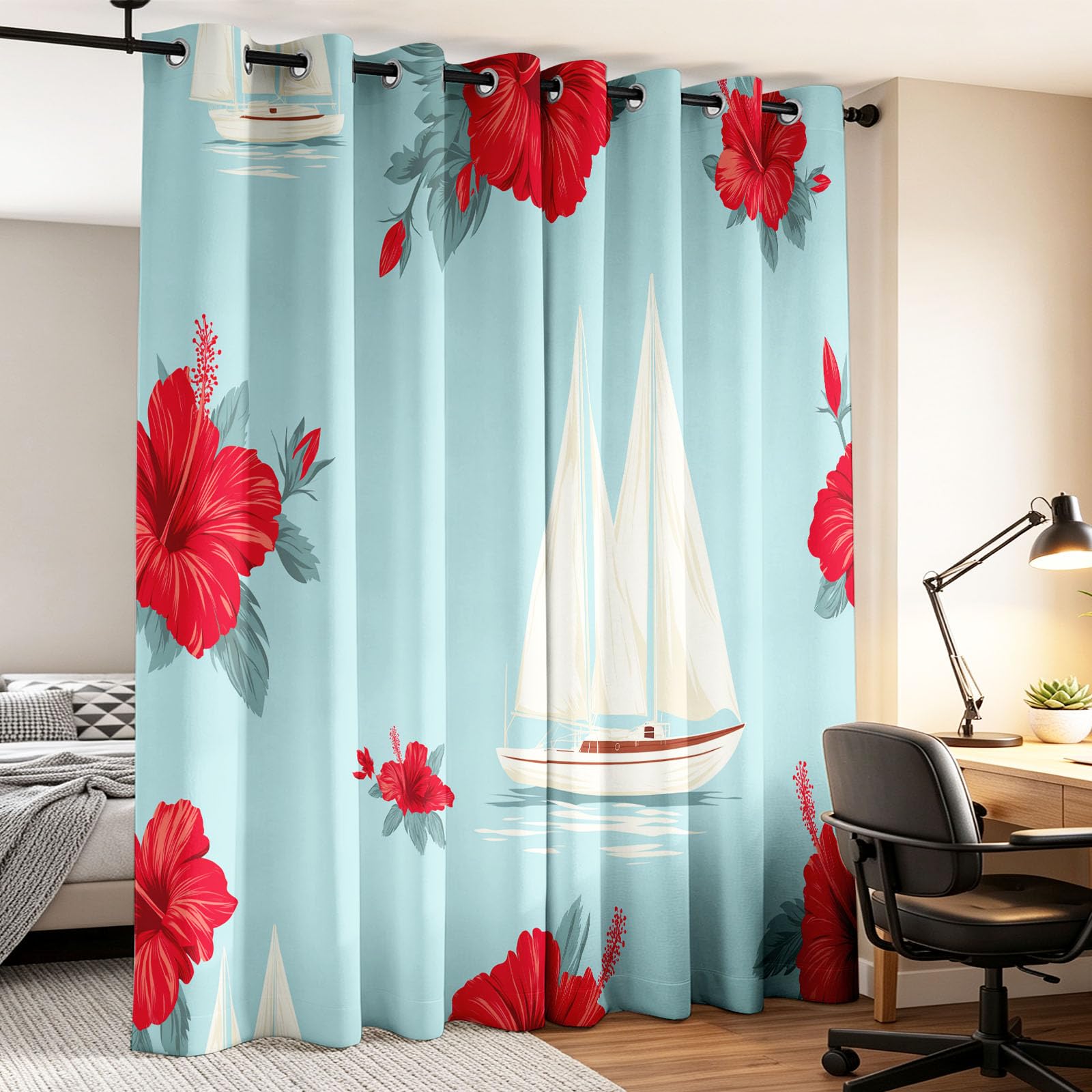 Générique Tenda oscurante nautica tropicale, 117 x 229 cm, nautica pianta tende e drappeggi per bambini e ragazze, camera da letto, soggiorno, tende termiche isolanti