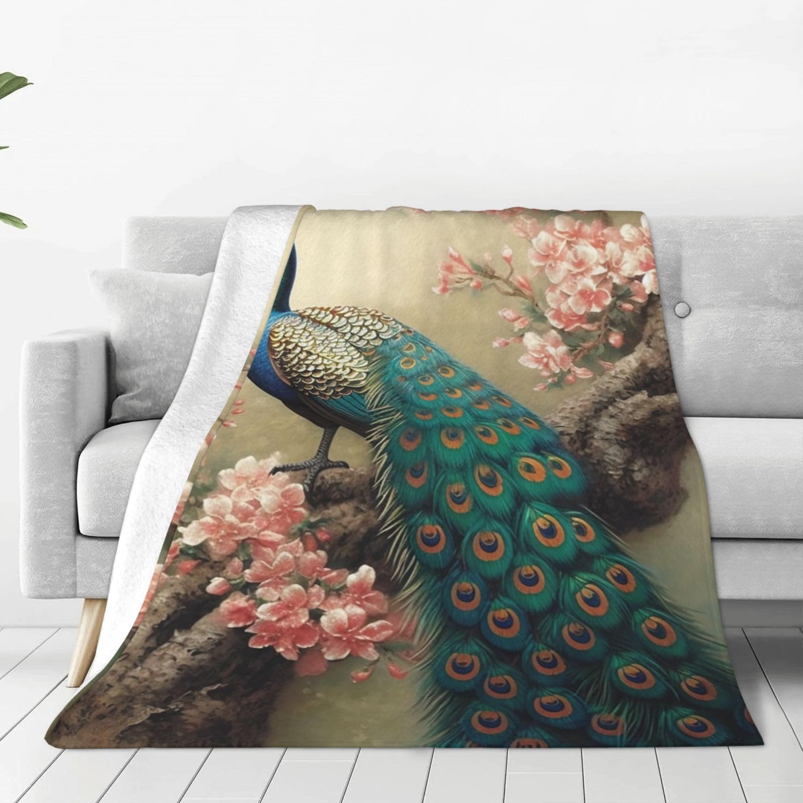 Oriental Peacock Throw Blanket for Couch, Plush Fuzzy Soft Flannel Blankets and Throws for Sofa, 40"x30" Bed Blankets for Travel Camping Chair, All Season Warm Fleece Blanket