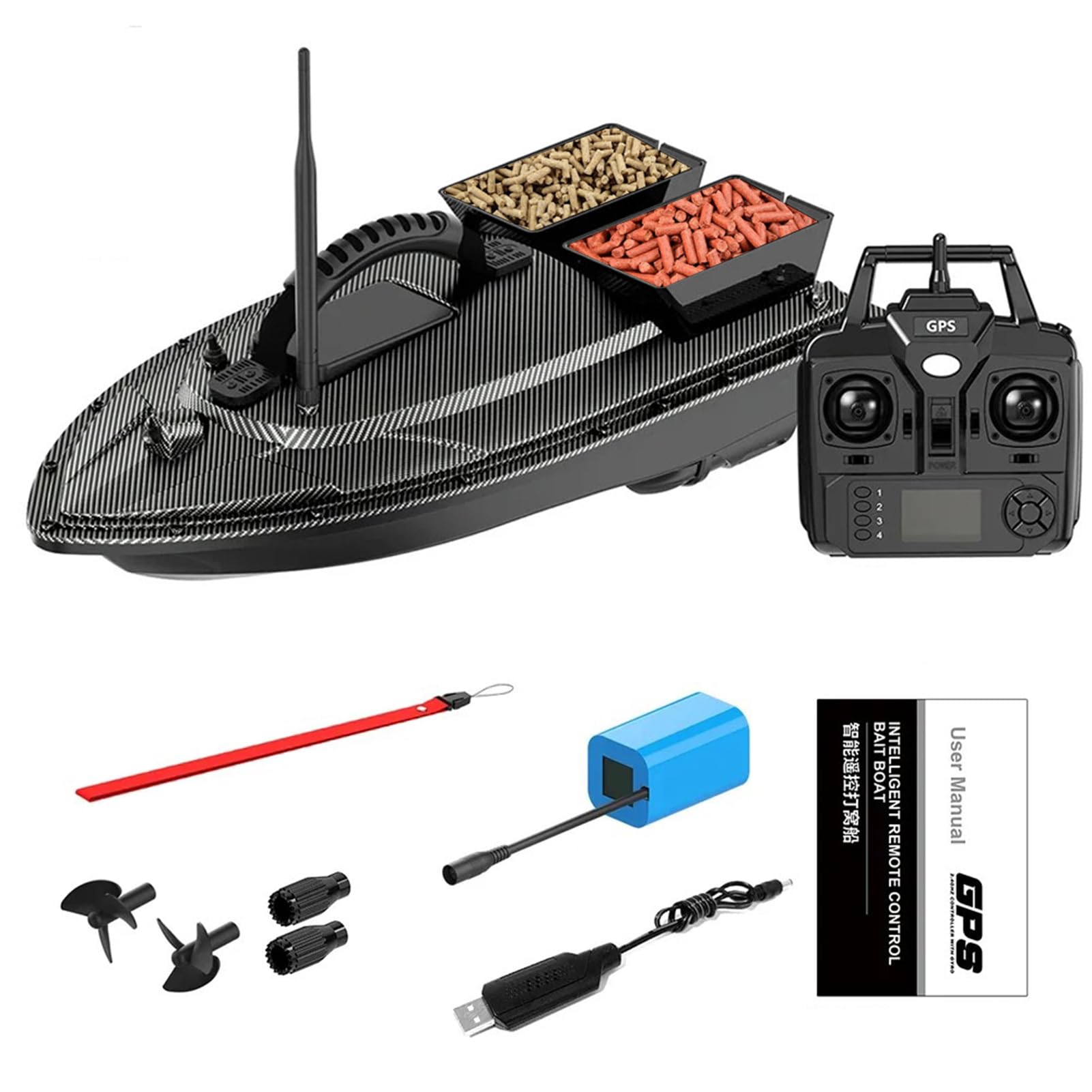 Barco de Cebo RC de 500 m con Control Remoto, GPS, posicionamiento de 40 Puntos, 2 tolvas, Carga de 1,5 kg, Retorno automático, para Pesca de Surf.