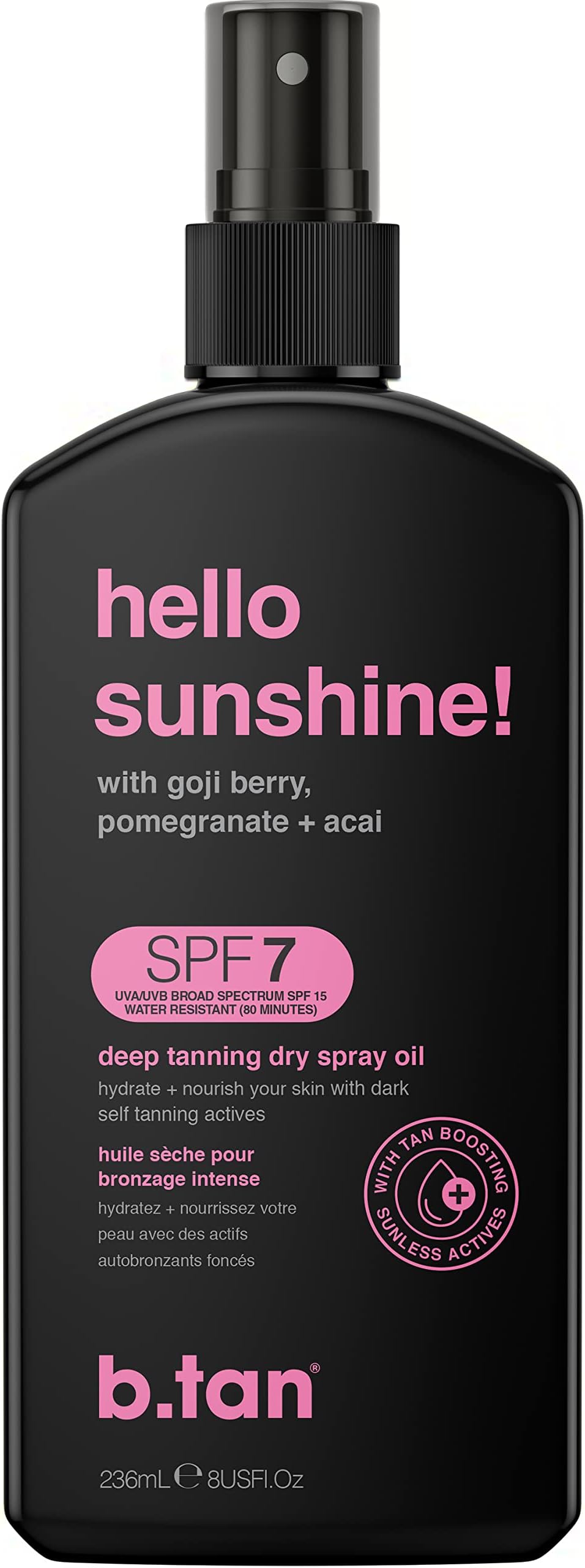 b.tan SPF 7 Tanning Oil | Hello Sunshine - Deep Suntan Dry Spray, Best Outdoor Browning Body Mist, Packed with Moisturizing Goji Berry, Pomegranate + Açai, Austrailian Brand, 8 Fl Oz