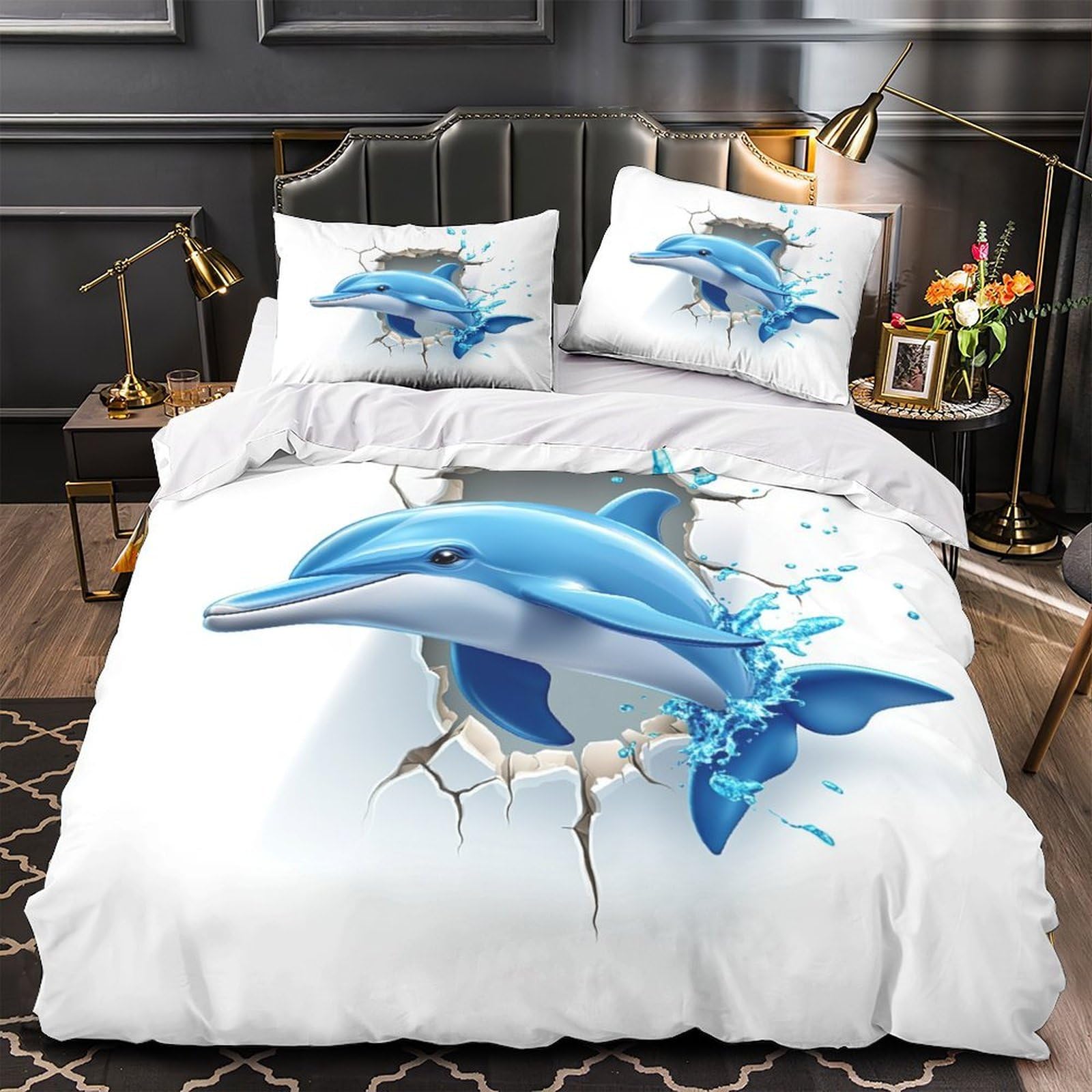 Housse de couette dauphin 3D King 220x240cm microfibre lavable machine animaux marins