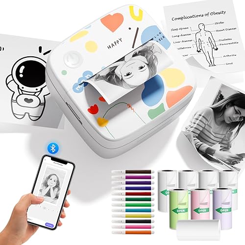 Mini impresora de calcomanías, fabricante de calcomanías térmica portátil sin tinta con 8 rollos de papel de colores y 12 bolígrafos, impresoras