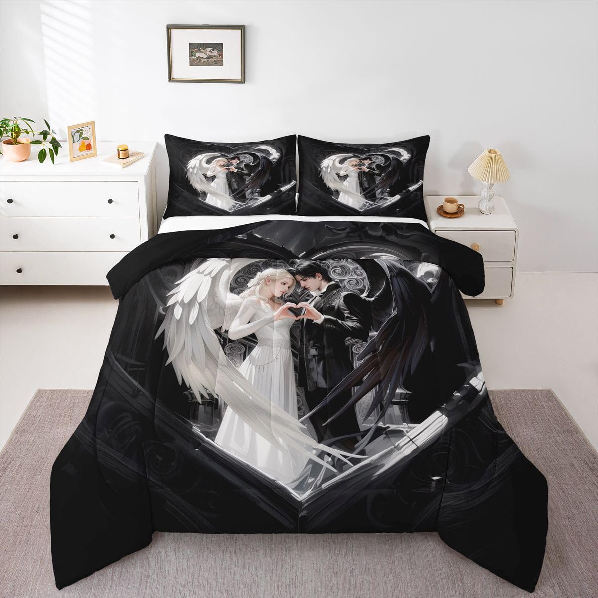 Erosebridal Angel Wings Kids Bedding | Black and White Angel Comforter Sets King,Romance Love Comforter Princess Fairy Style Duvet Insert with 2 Pillow Cases