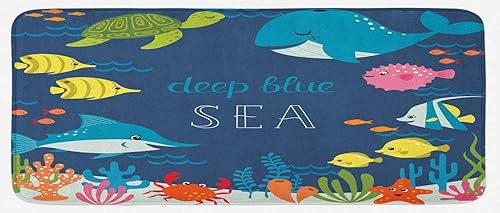 Ambesonne Tapete de cocina de dibujos animados, algas con gráficos submarinos, arrecifes de coral, tortugas, peces acuáticos, tapete de cocina