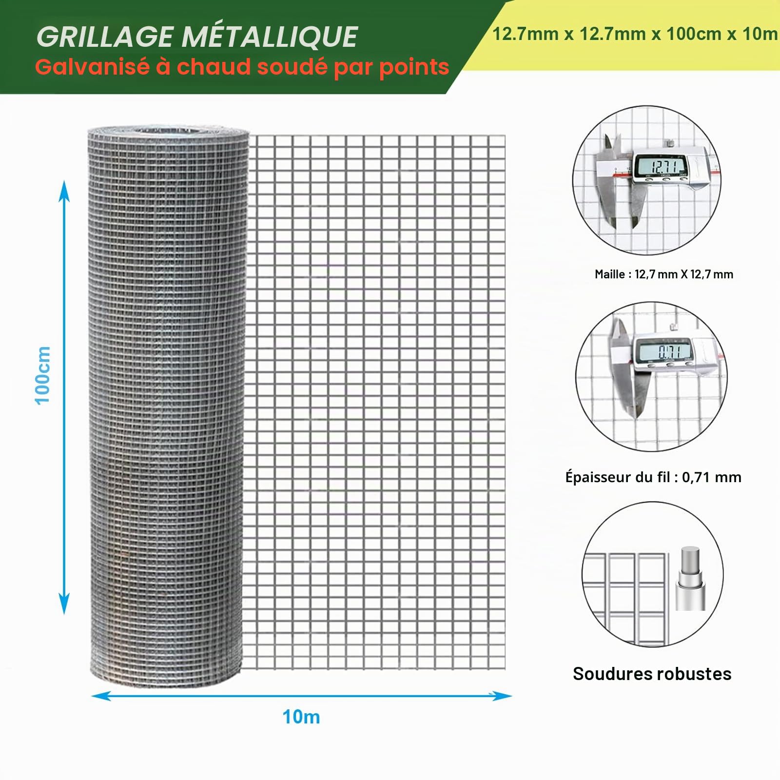 Grille anti-taupe 1 m x 10 m, grillage pour volière 12,7 mm x 12,7 mm, grillage métallique galvanisé, grille métallique pour lapins, 0,7 mm