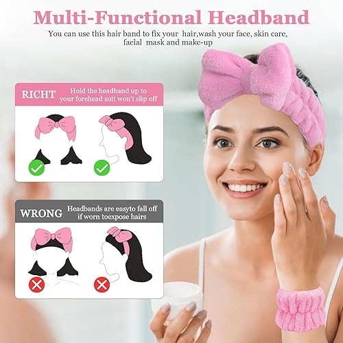 Miniatura 3 de 6 diademas de maquillaje, diadema para lavar la cara, diadema de spa para lavar la cara y pulseras a juego, estilo lindo, diademas peludas para el